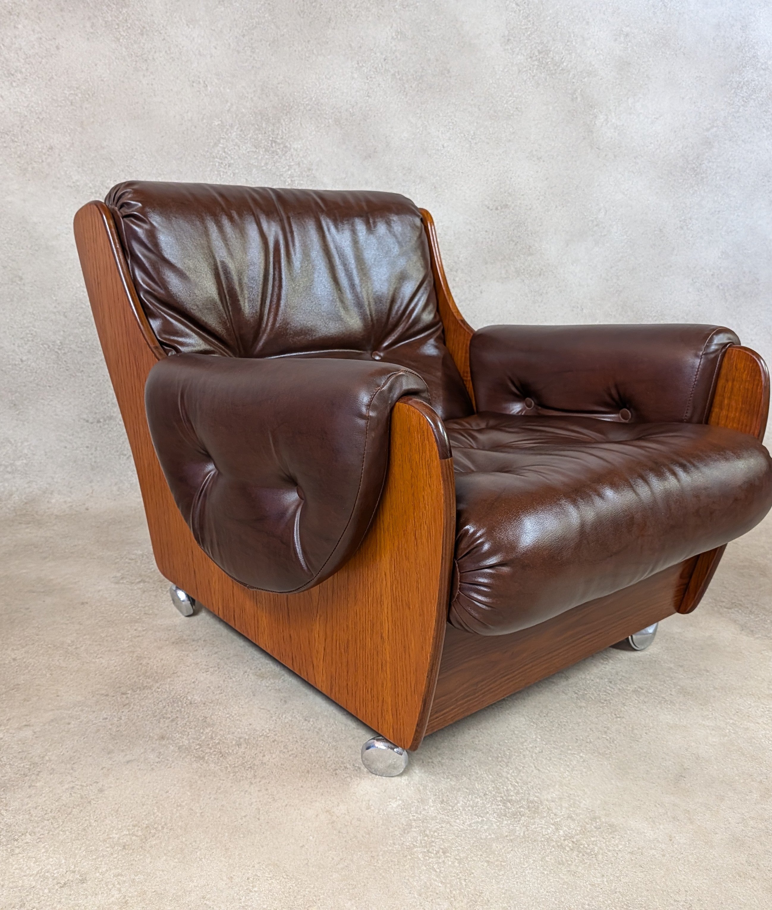 Mid Century G Plan Teak Saddleback Armchair Brown Faux Leather Retro Chair
