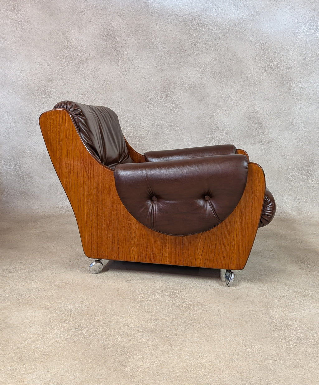 Mid Century G Plan Teak Saddleback Armchair Brown Faux Leather Retro Chair