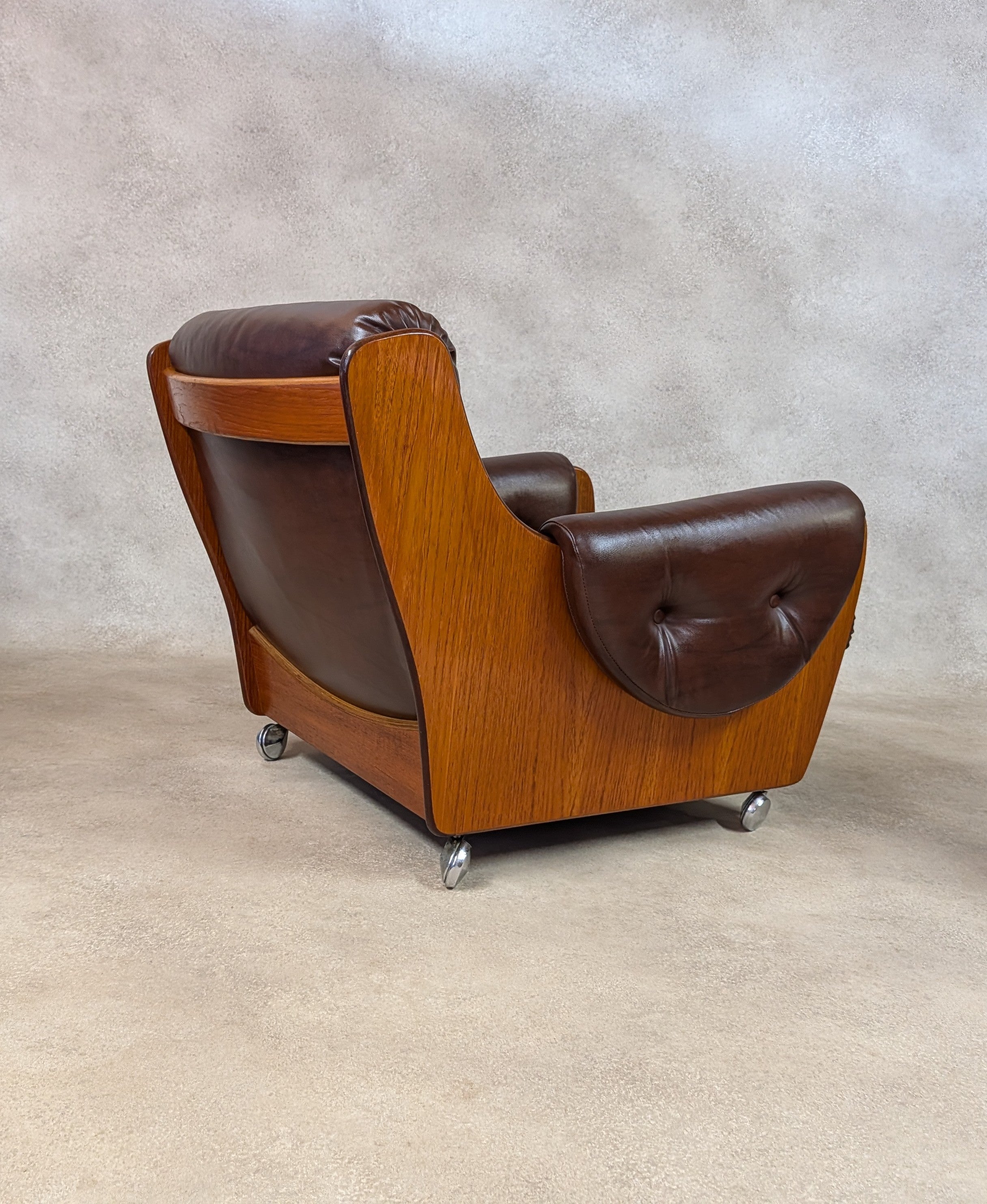 Mid Century G Plan Teak Saddleback Armchair Brown Faux Leather Retro Chair