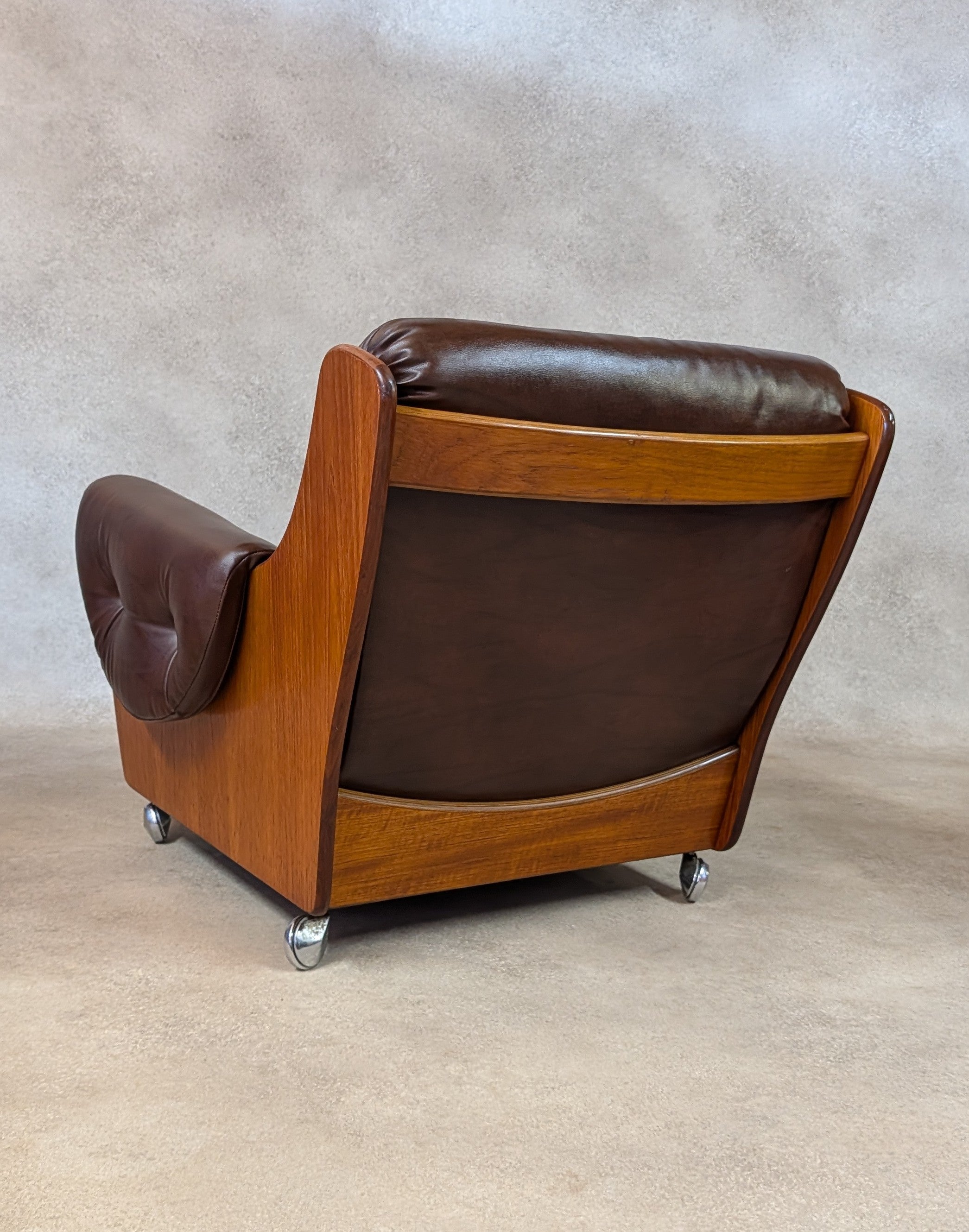 Mid Century G Plan Teak Saddleback Armchair Brown Faux Leather Retro Chair