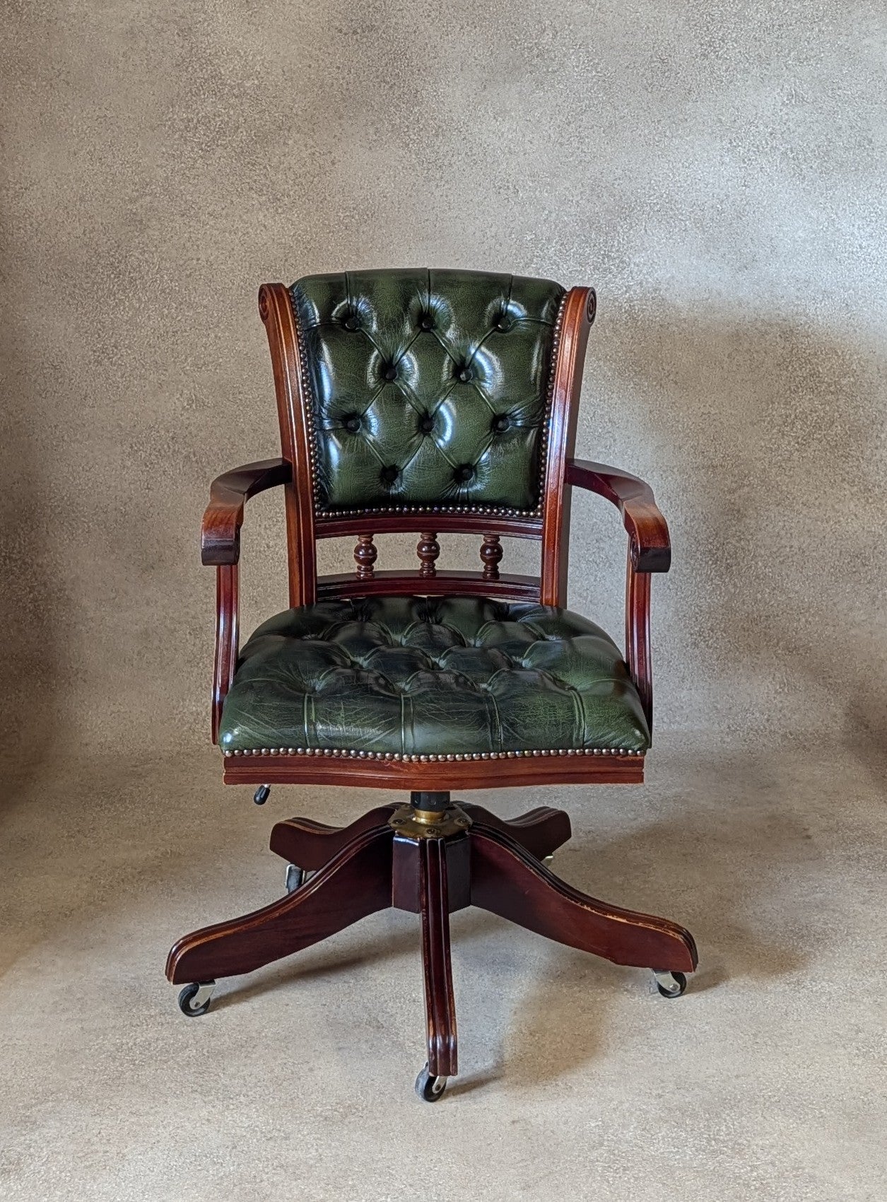 Vintage Mahogany & Green Leather Chesterfield Office Chair / Swivel Desk Chair