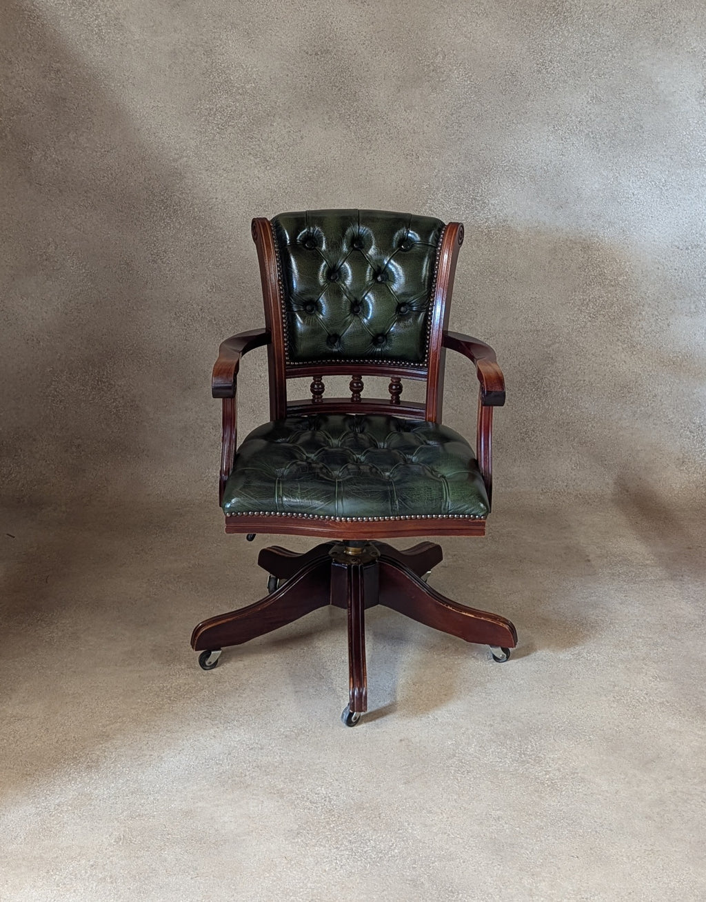 Vintage Mahogany & Green Leather Chesterfield Office Chair / Swivel Desk Chair