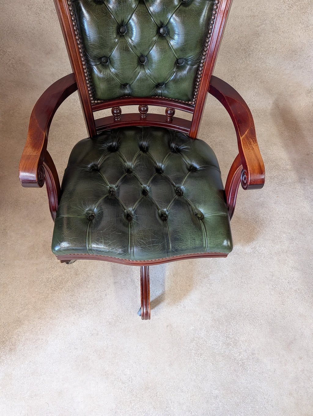 Vintage Mahogany & Green Leather Chesterfield Office Chair / Swivel Desk Chair