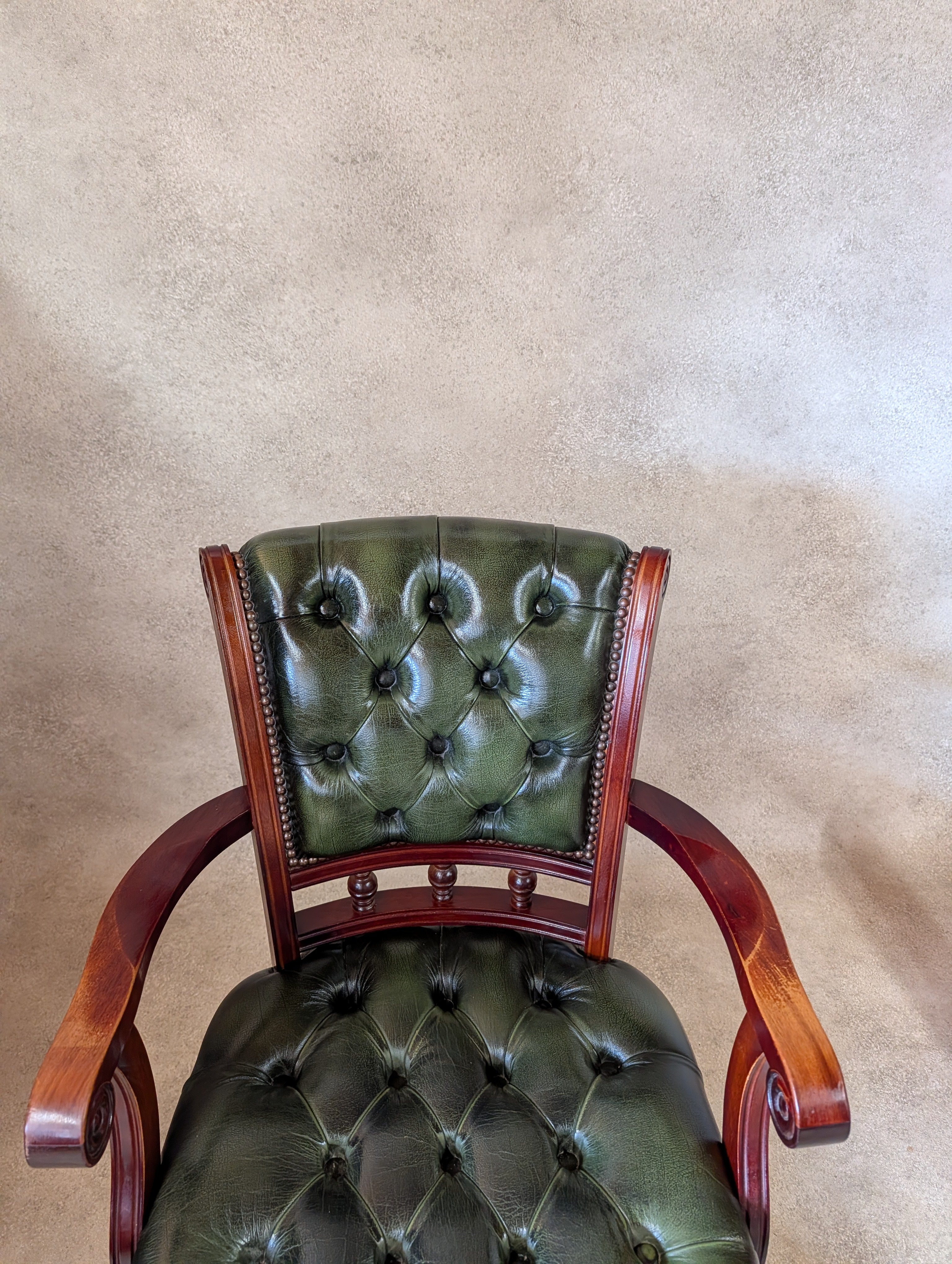Vintage Mahogany & Green Leather Chesterfield Office Chair / Swivel Desk Chair