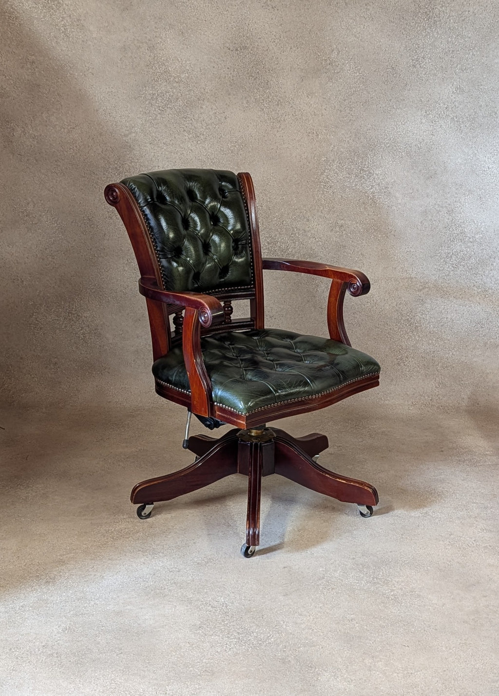 Vintage Mahogany & Green Leather Chesterfield Office Chair / Swivel Desk Chair