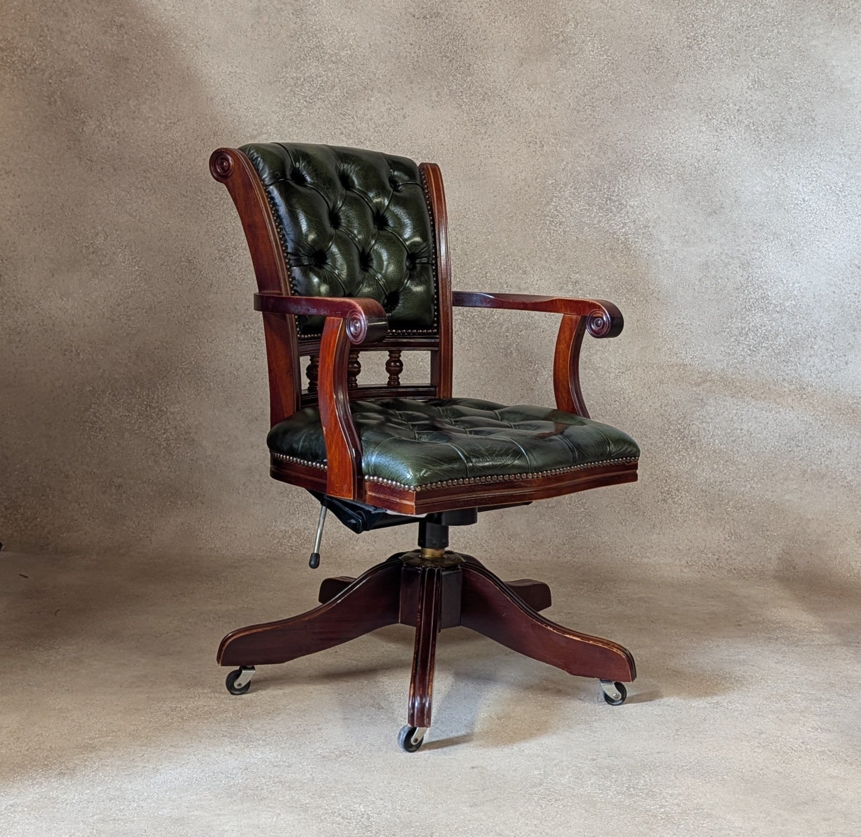 Vintage Mahogany & Green Leather Chesterfield Office Chair / Swivel Desk Chair