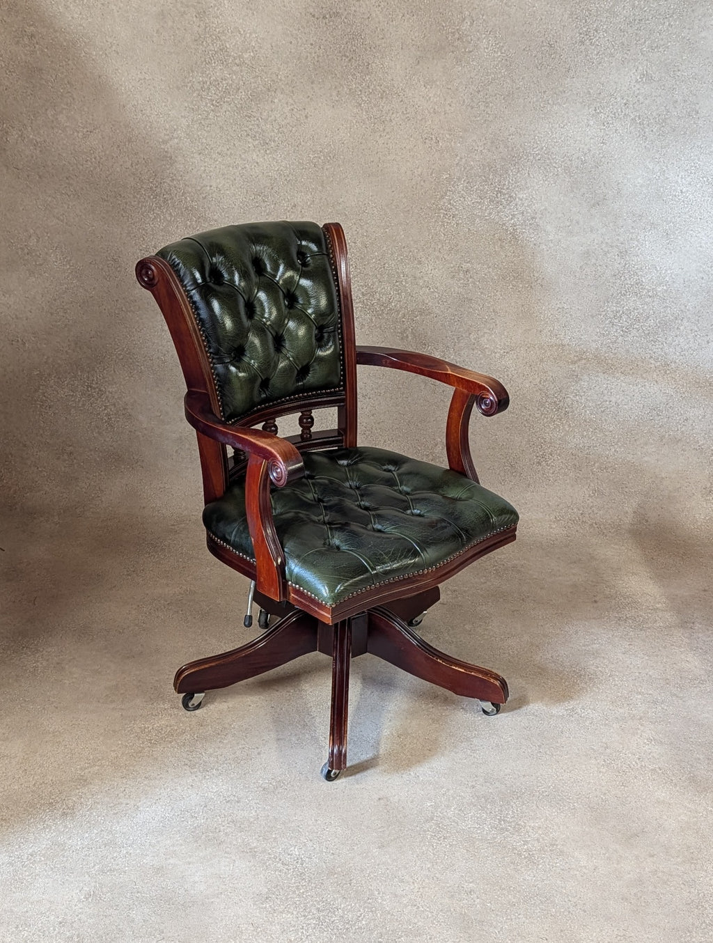Vintage Mahogany & Green Leather Chesterfield Office Chair / Swivel Desk Chair