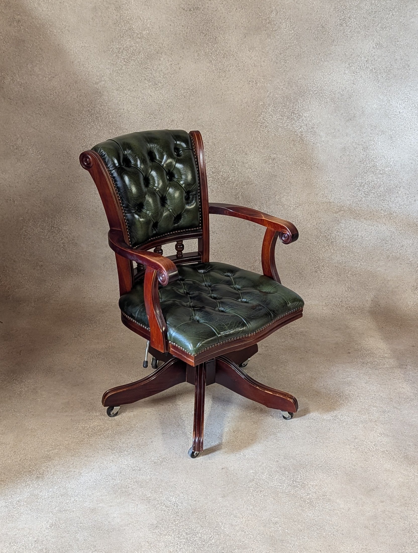 Vintage Mahogany & Green Leather Chesterfield Office Chair / Swivel Desk Chair
