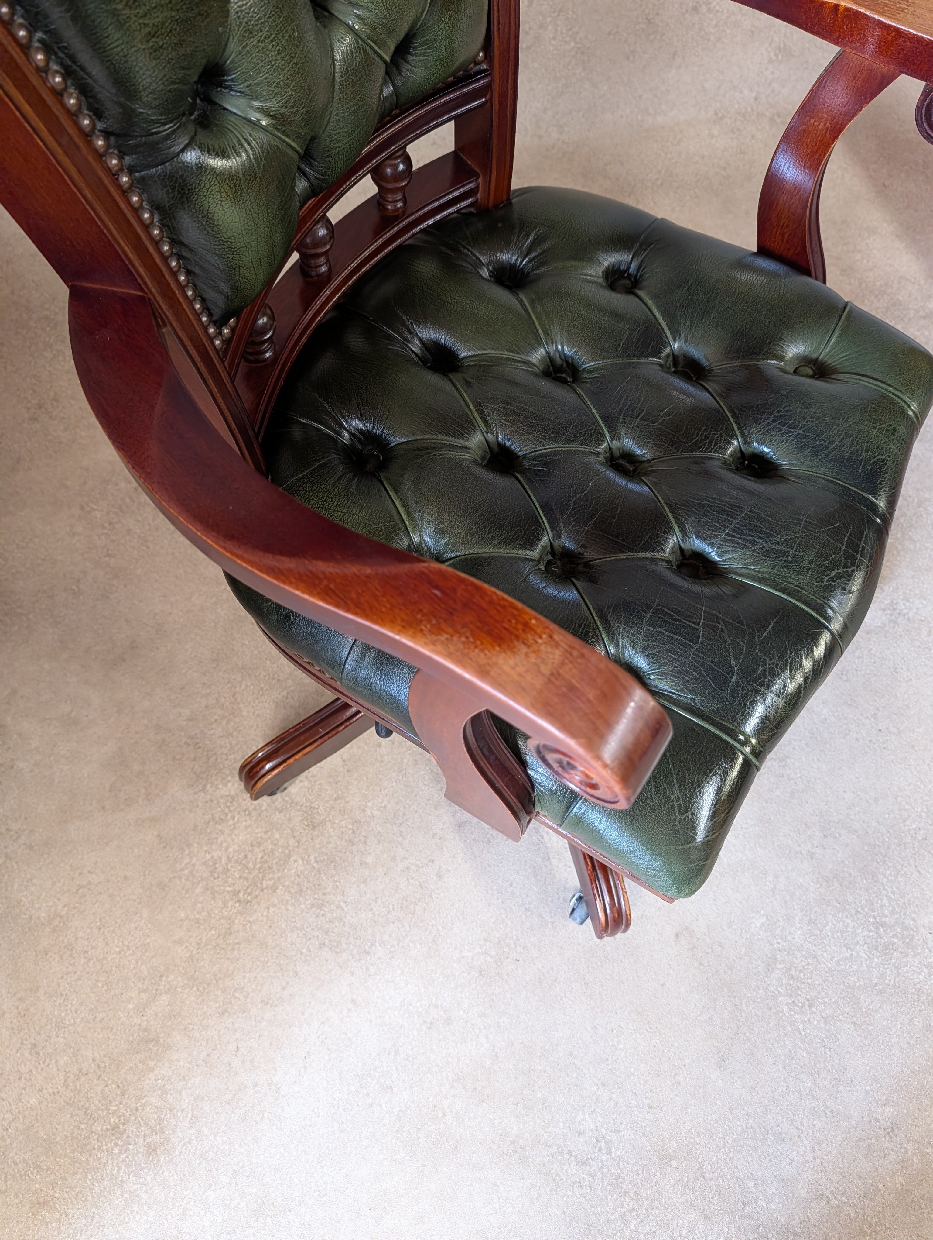 Vintage Mahogany & Green Leather Chesterfield Office Chair / Swivel Desk Chair