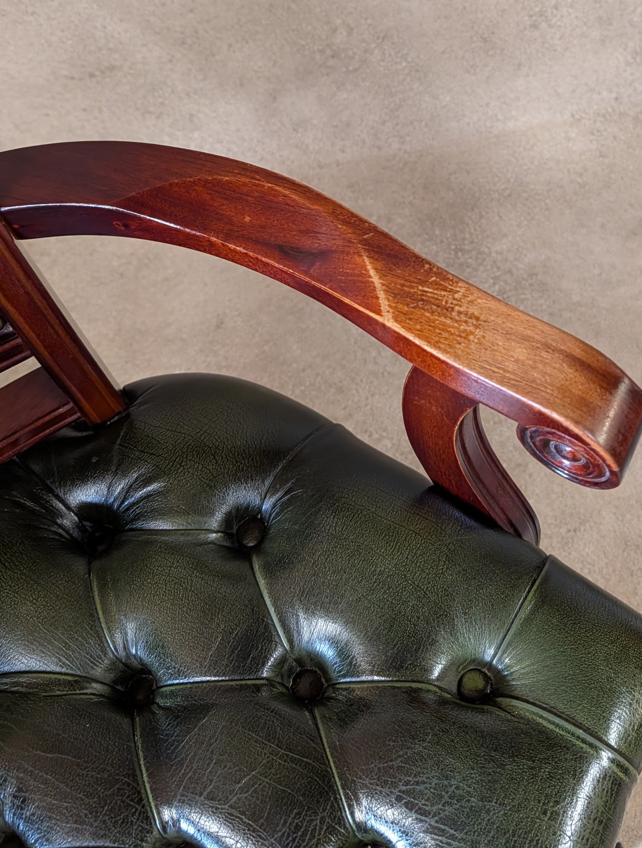 Vintage Mahogany & Green Leather Chesterfield Office Chair / Swivel Desk Chair