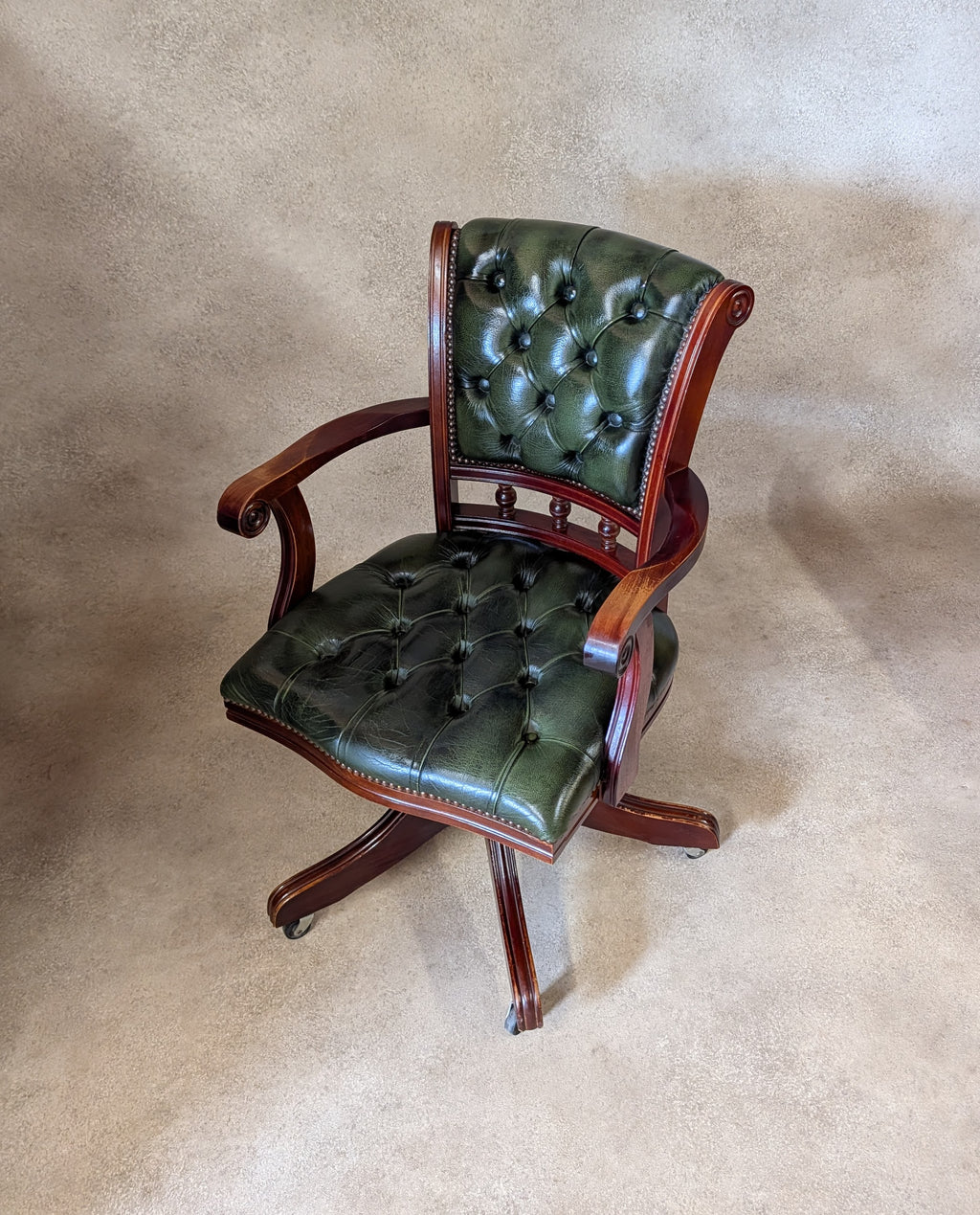 Vintage Mahogany & Green Leather Chesterfield Office Chair / Swivel Desk Chair