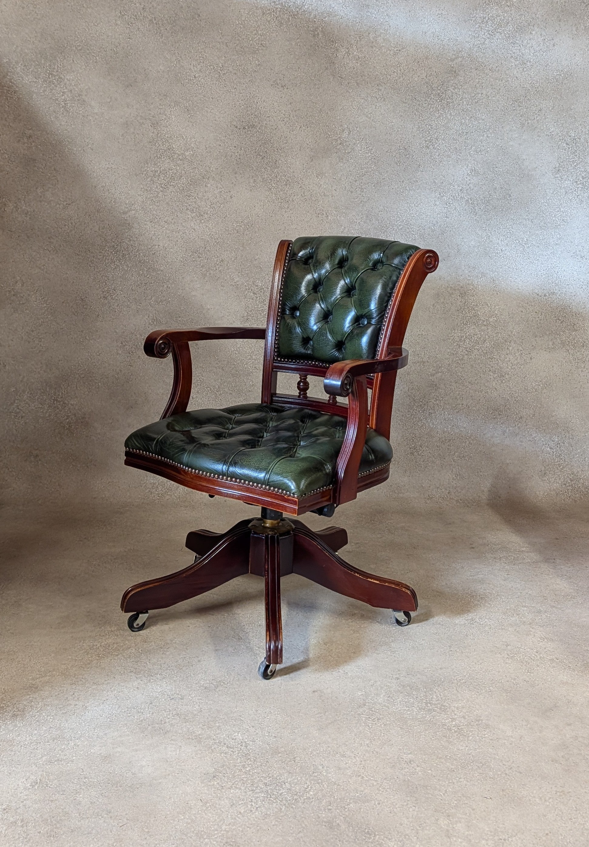 Vintage Mahogany & Green Leather Chesterfield Office Chair / Swivel Desk Chair