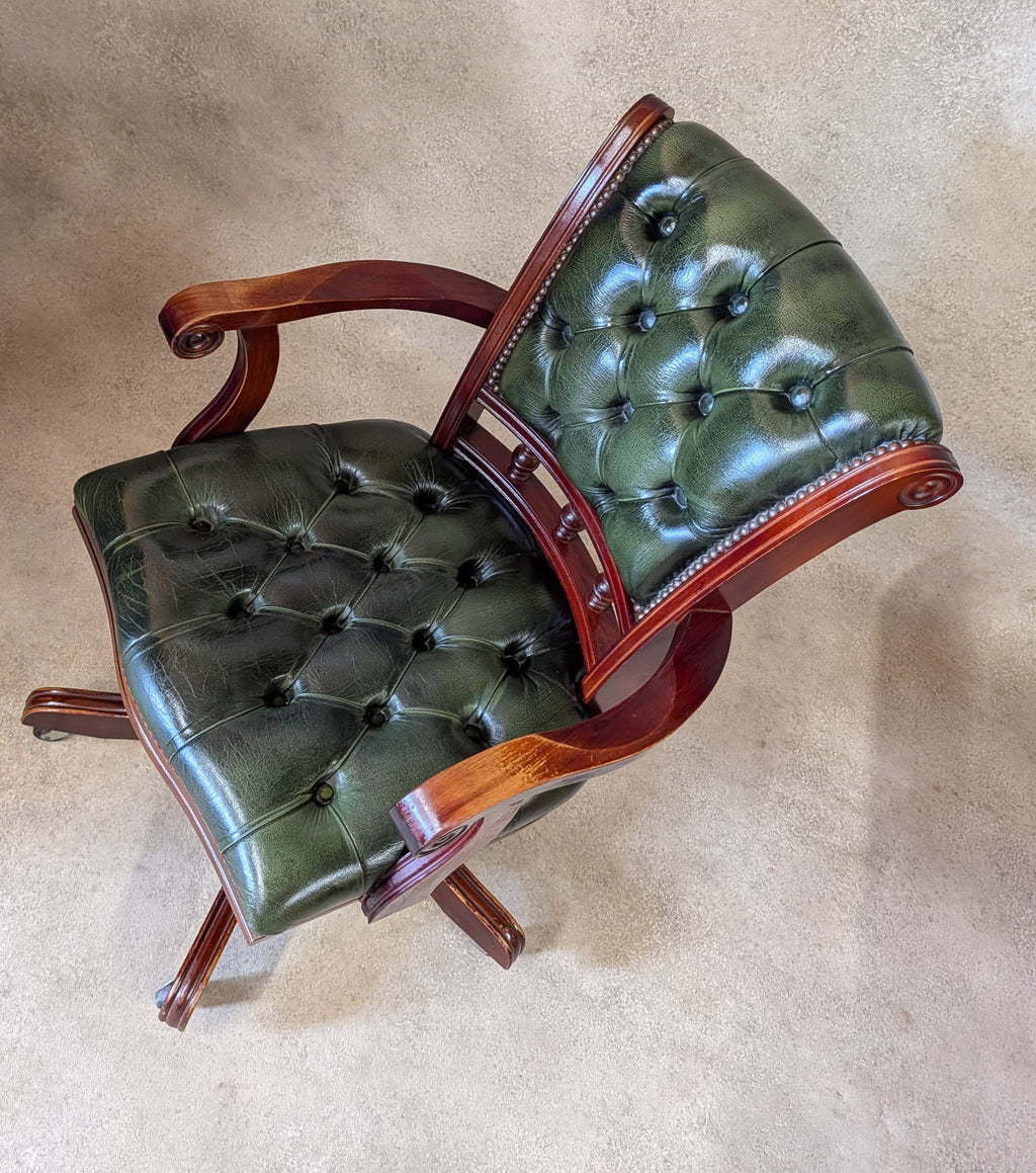 Vintage Mahogany & Green Leather Chesterfield Office Chair / Swivel Desk Chair