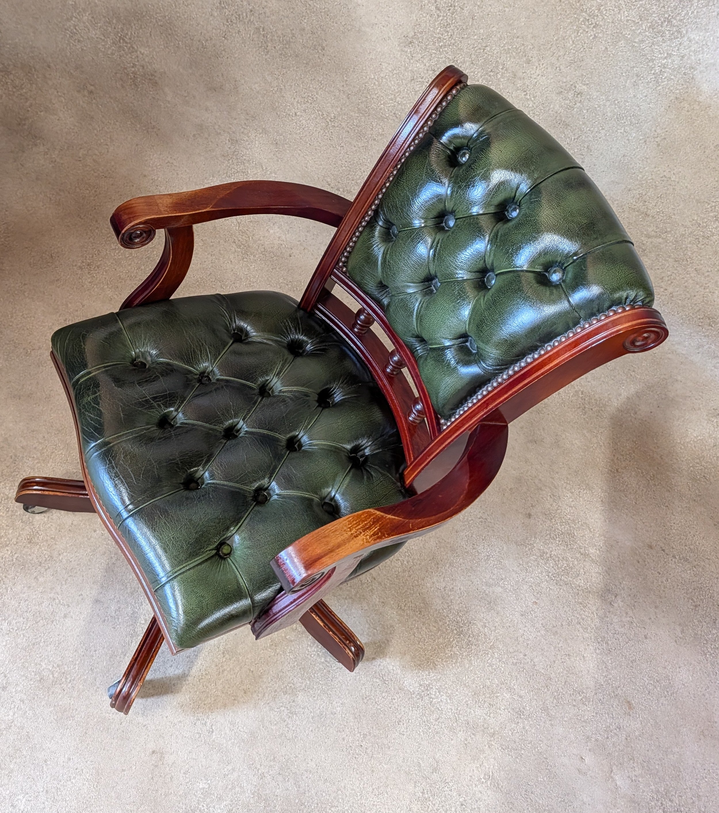 Vintage Mahogany & Green Leather Chesterfield Office Chair / Swivel Desk Chair