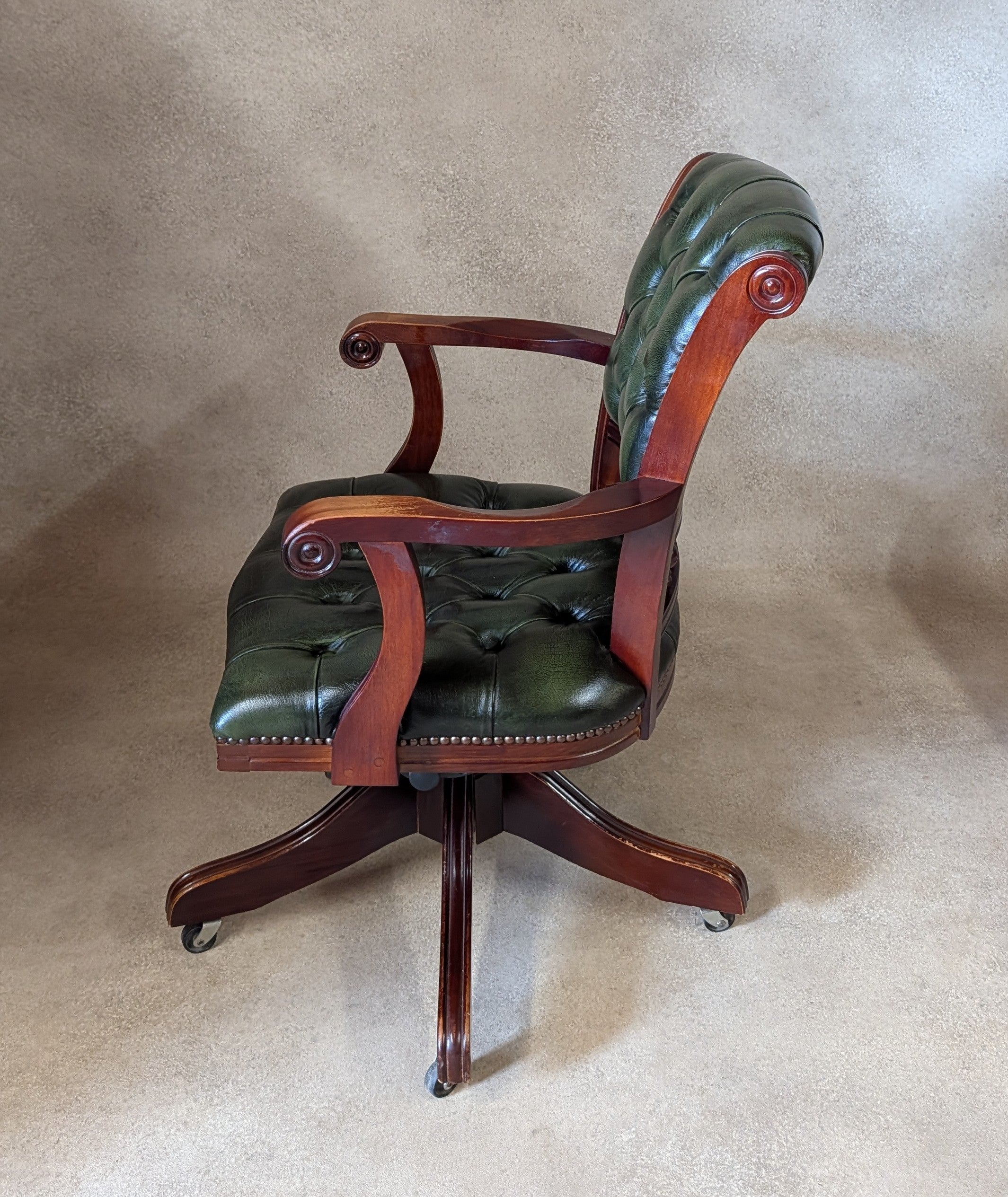 Vintage Mahogany & Green Leather Chesterfield Office Chair / Swivel Desk Chair