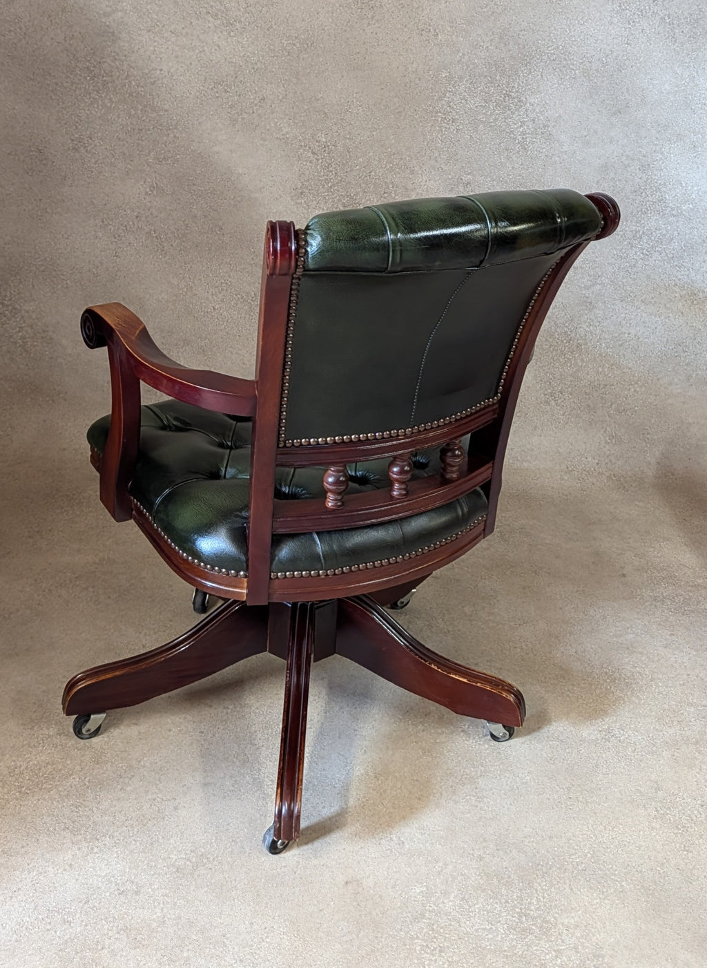 Vintage Mahogany & Green Leather Chesterfield Office Chair / Swivel Desk Chair