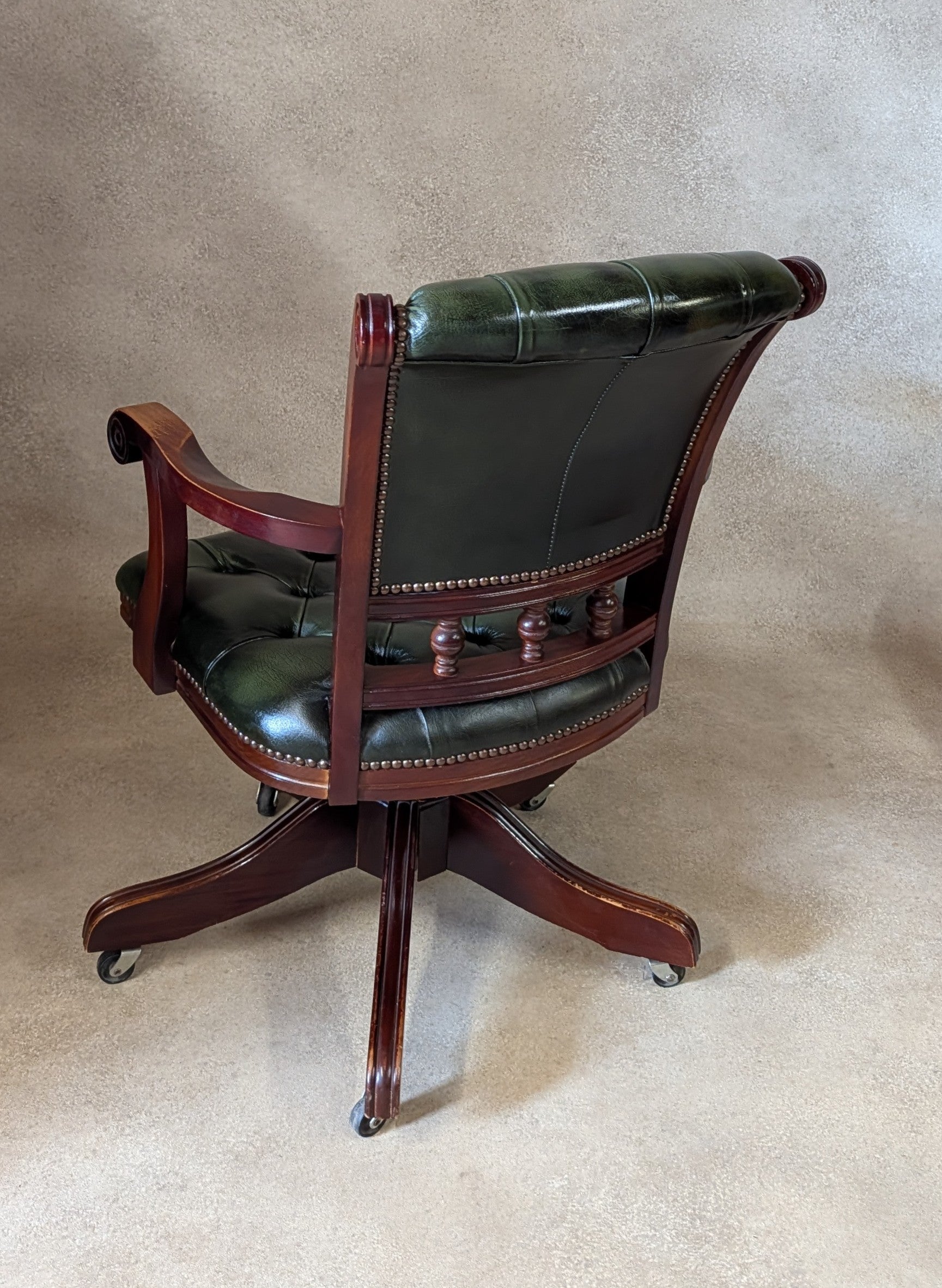 Vintage Mahogany & Green Leather Chesterfield Office Chair / Swivel Desk Chair