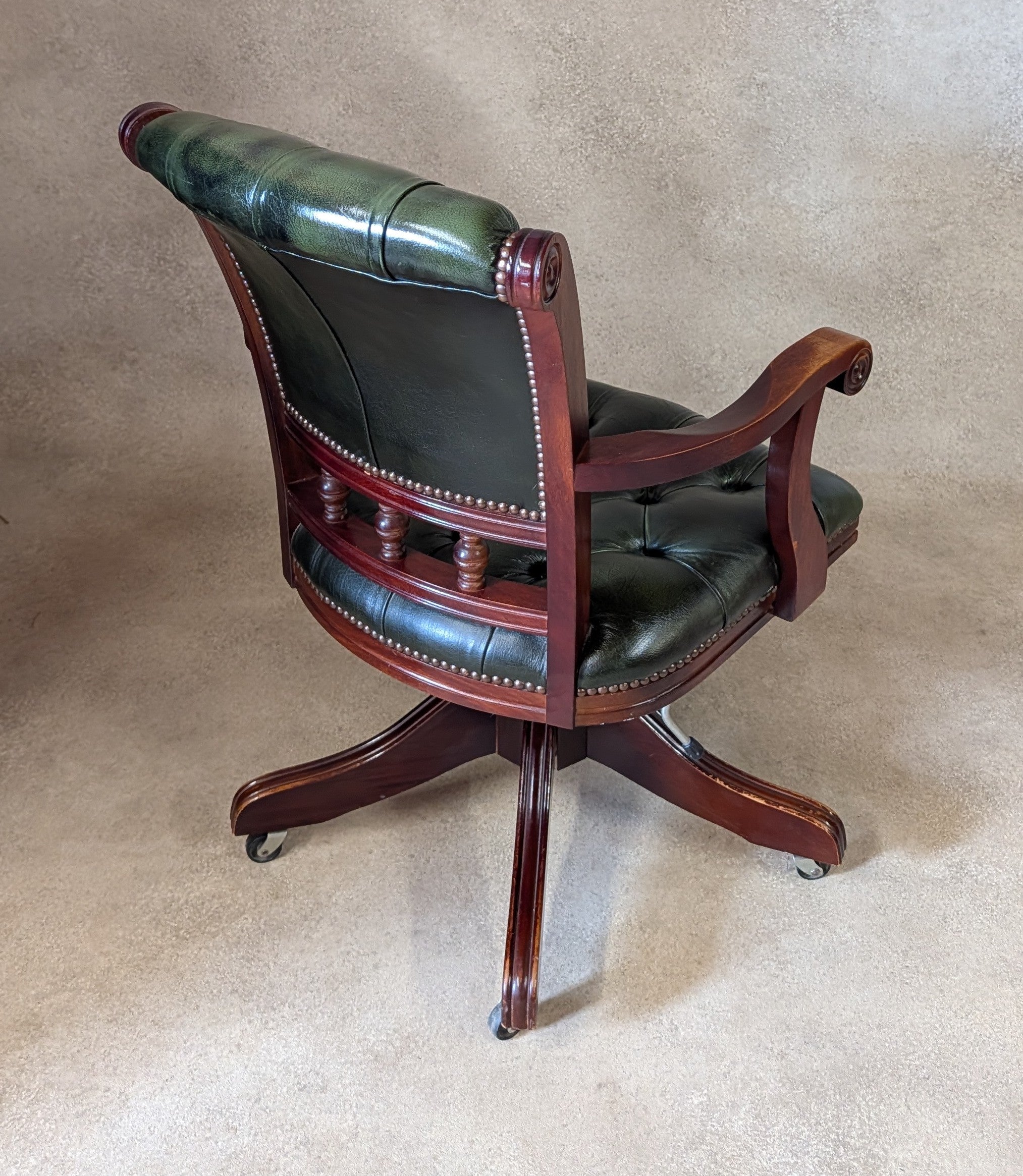 Vintage Mahogany & Green Leather Chesterfield Office Chair / Swivel Desk Chair