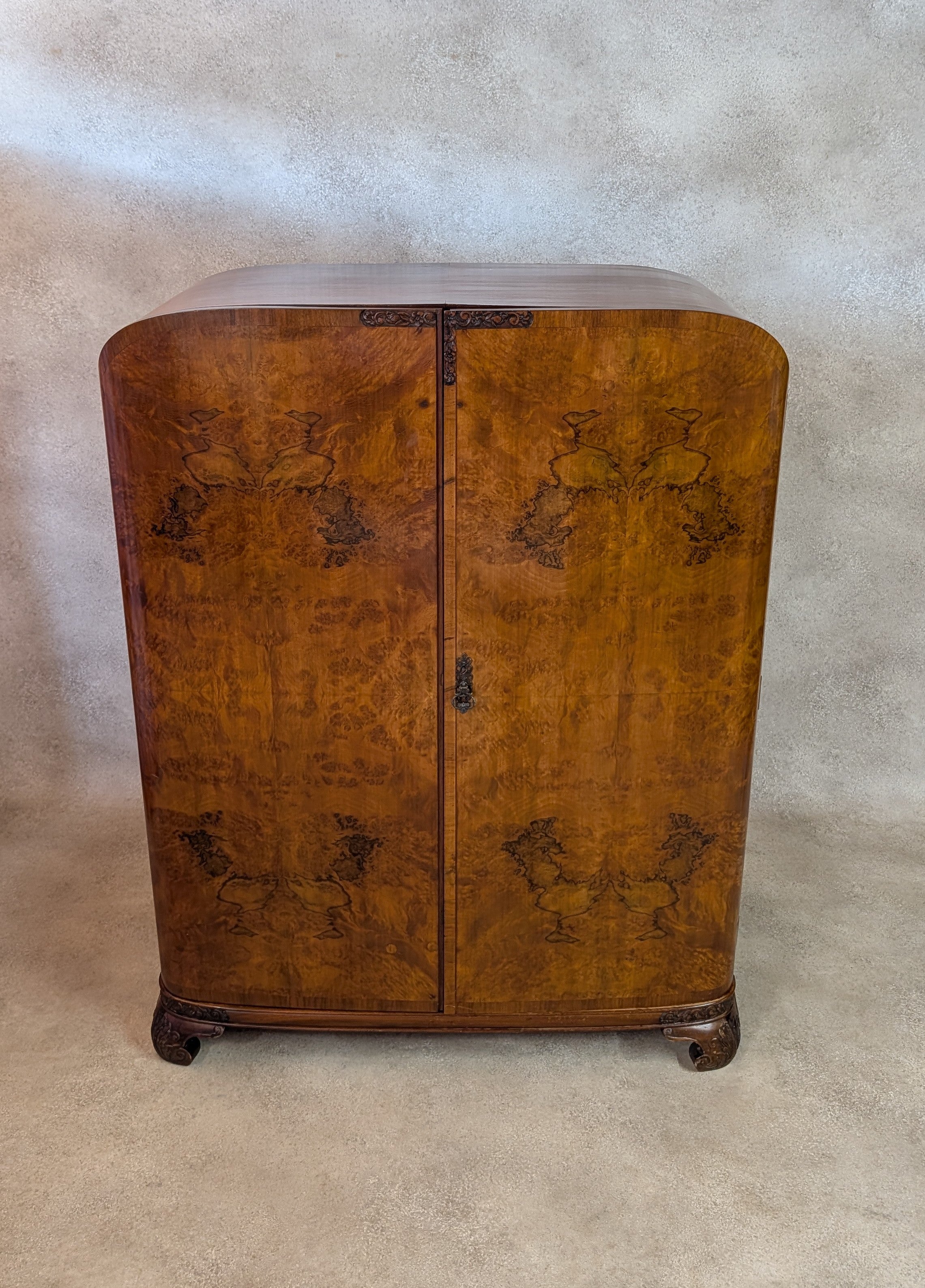 Art Deco Burr Walnut Compactum Small Gentlemans Wardrobe Vintage  1930s Cabinet