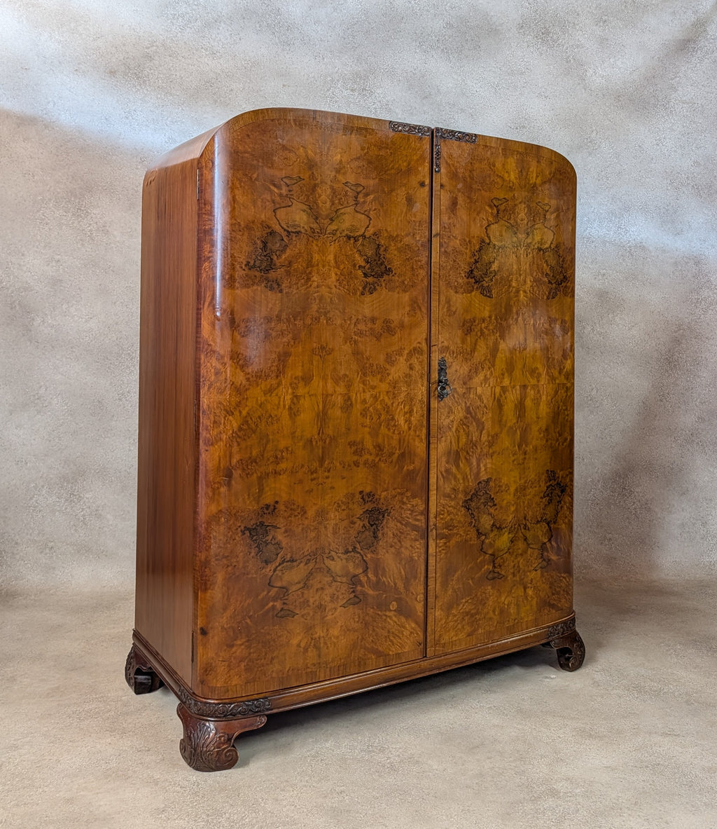 Art Deco Burr Walnut Compactum Small Gentlemans Wardrobe Vintage  1930s Cabinet