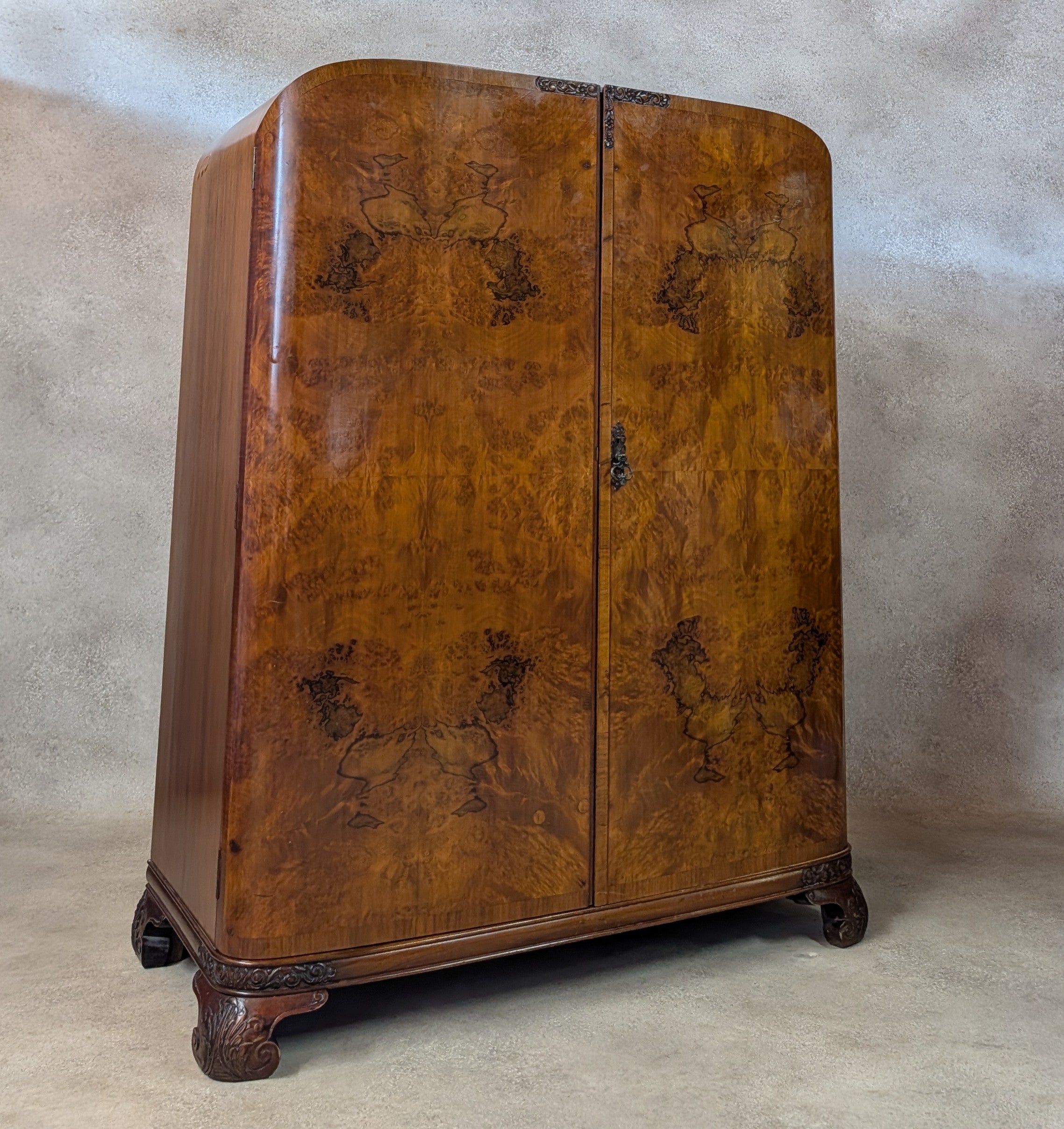 Art Deco Burr Walnut Compactum Small Gentlemans Wardrobe Vintage  1930s Cabinet