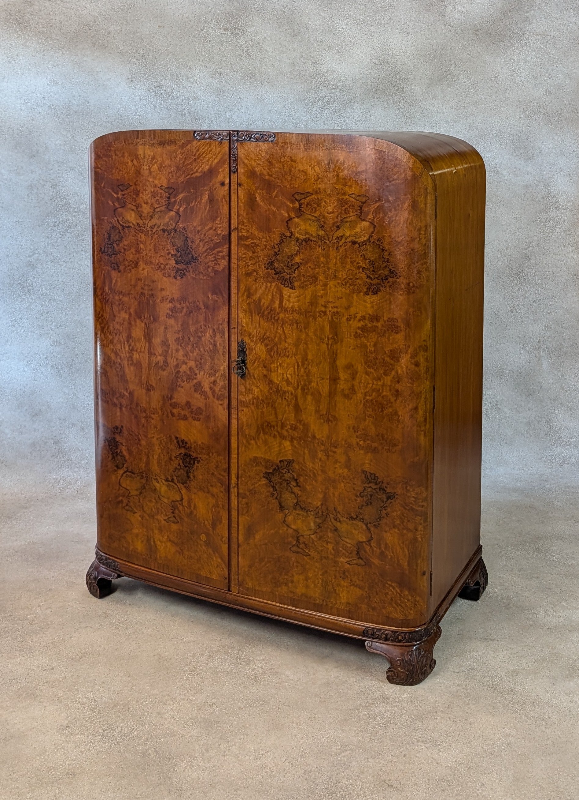 Art Deco Burr Walnut Compactum Small Gentlemans Wardrobe Vintage  1930s Cabinet