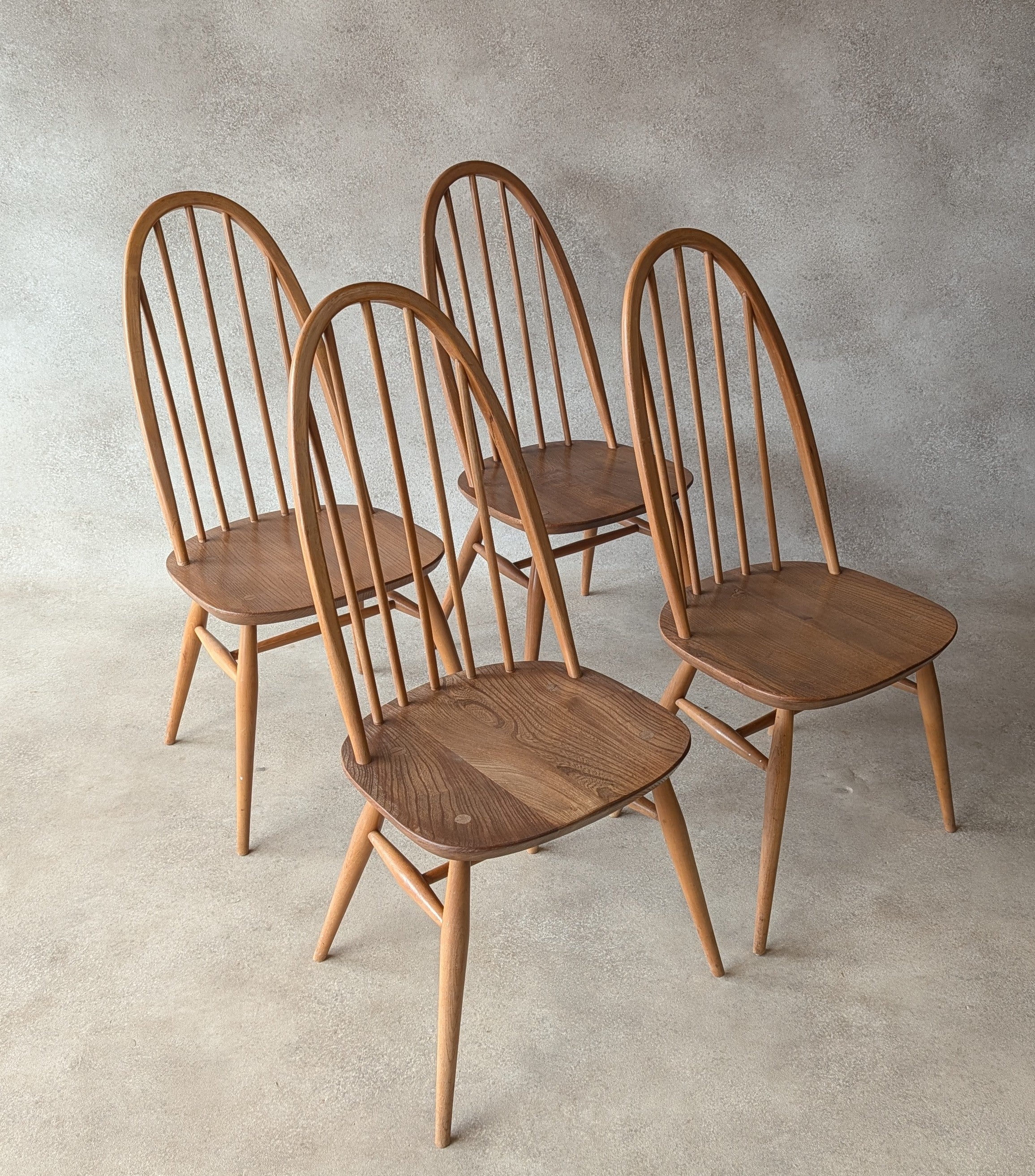 Set Of 4 Ercol Mid Century Blonde Quaker Dining Chairs Elm & Beech - Blue Label