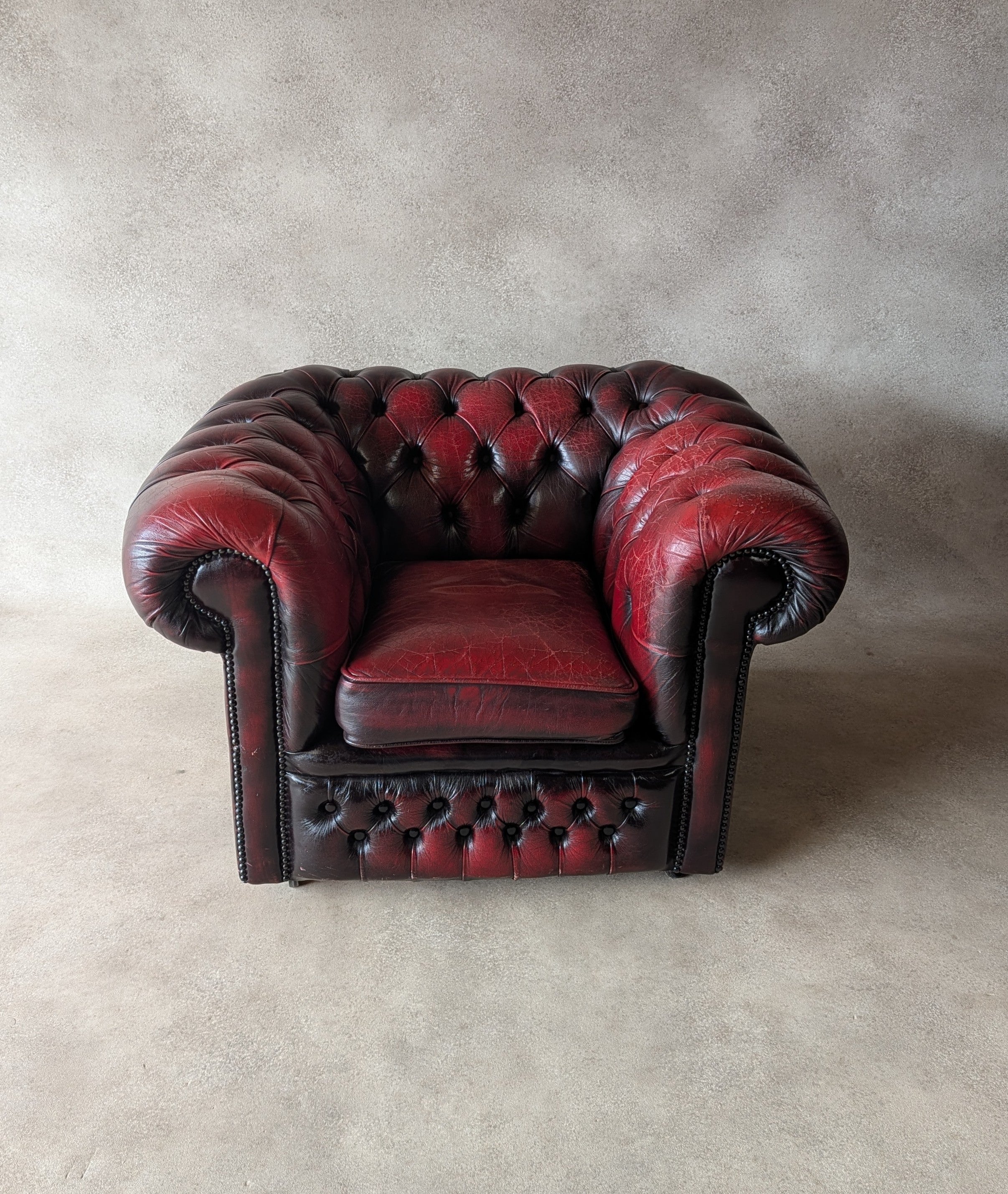 Vintage Oxblood Red Leather Club Chair Button Chesterfield Armchair