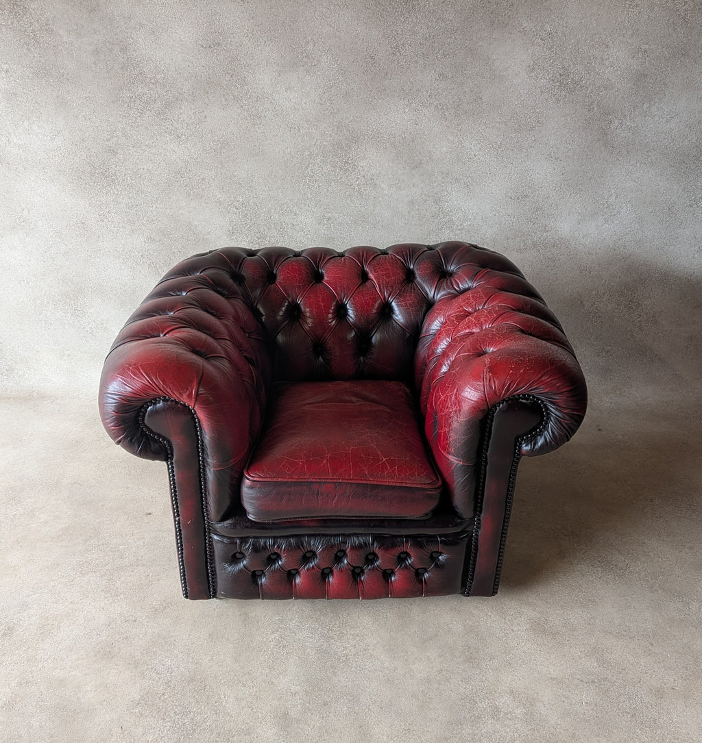 Vintage Oxblood Red Leather Club Chair Button Chesterfield Armchair