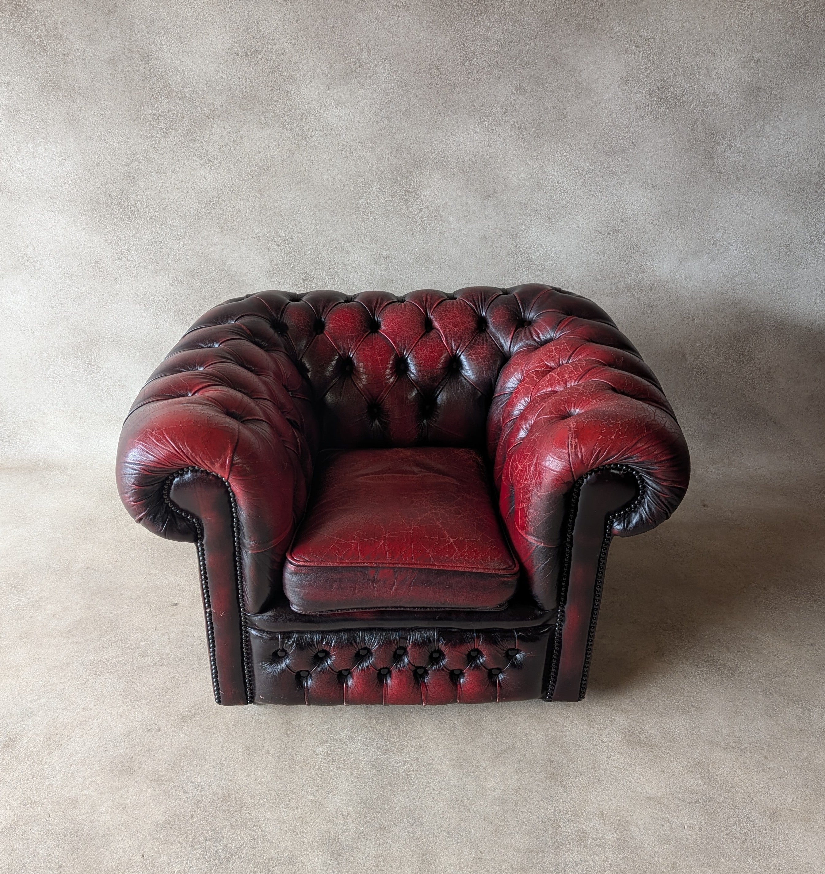 Vintage Oxblood Red Leather Club Chair Button Chesterfield Armchair
