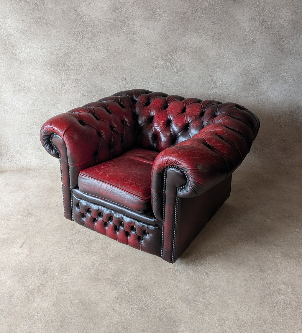 Vintage Oxblood Red Leather Club Chair Button Chesterfield Armchair