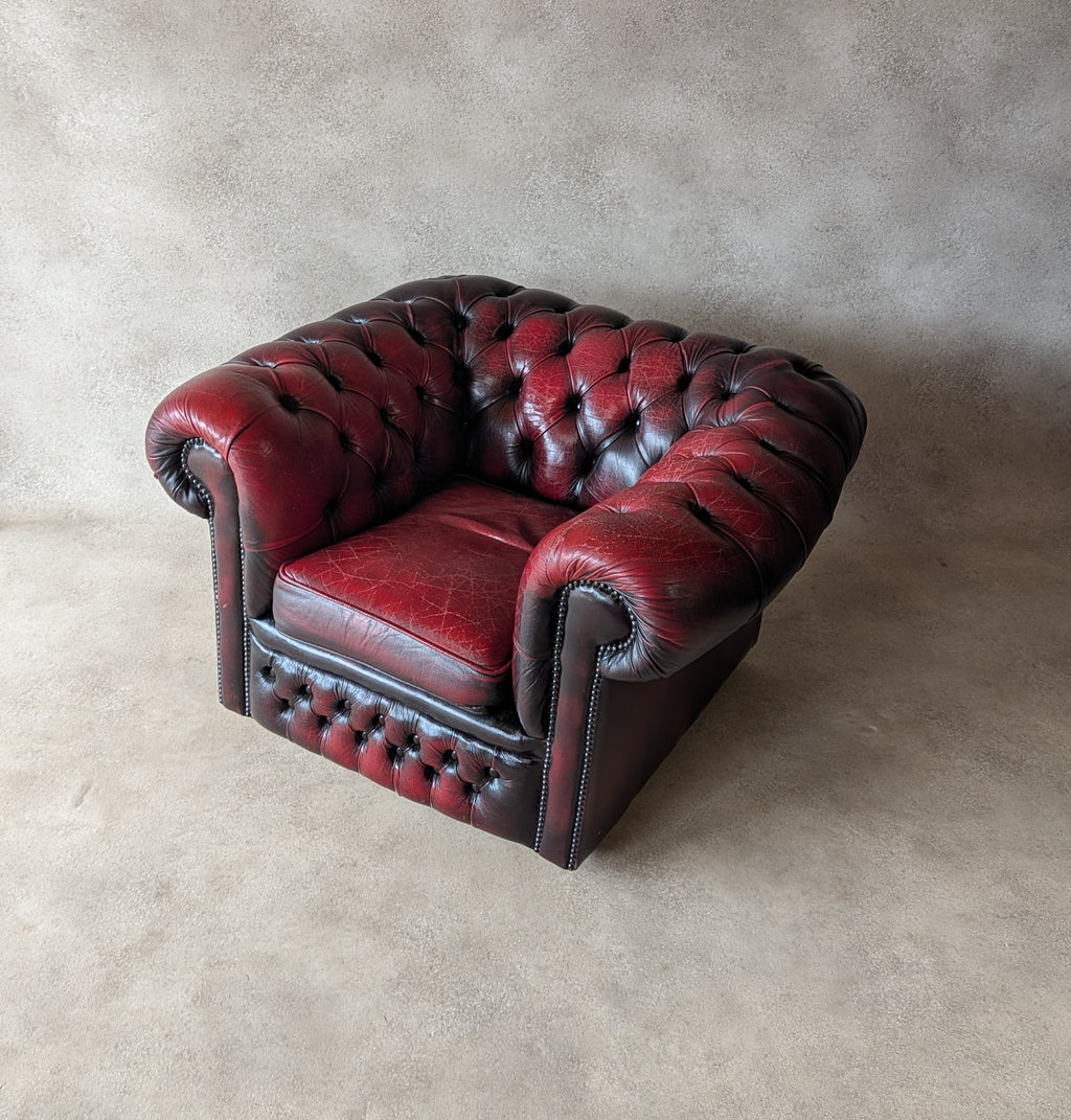 Vintage Oxblood Red Leather Club Chair Button Chesterfield Armchair