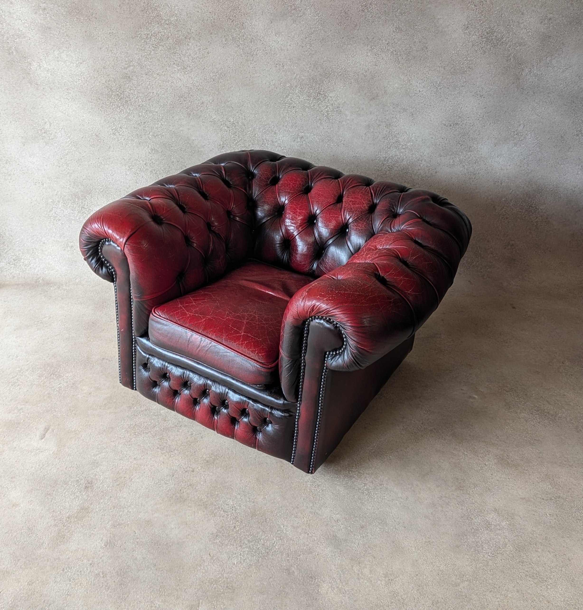 Vintage Oxblood Red Leather Club Chair Button Chesterfield Armchair