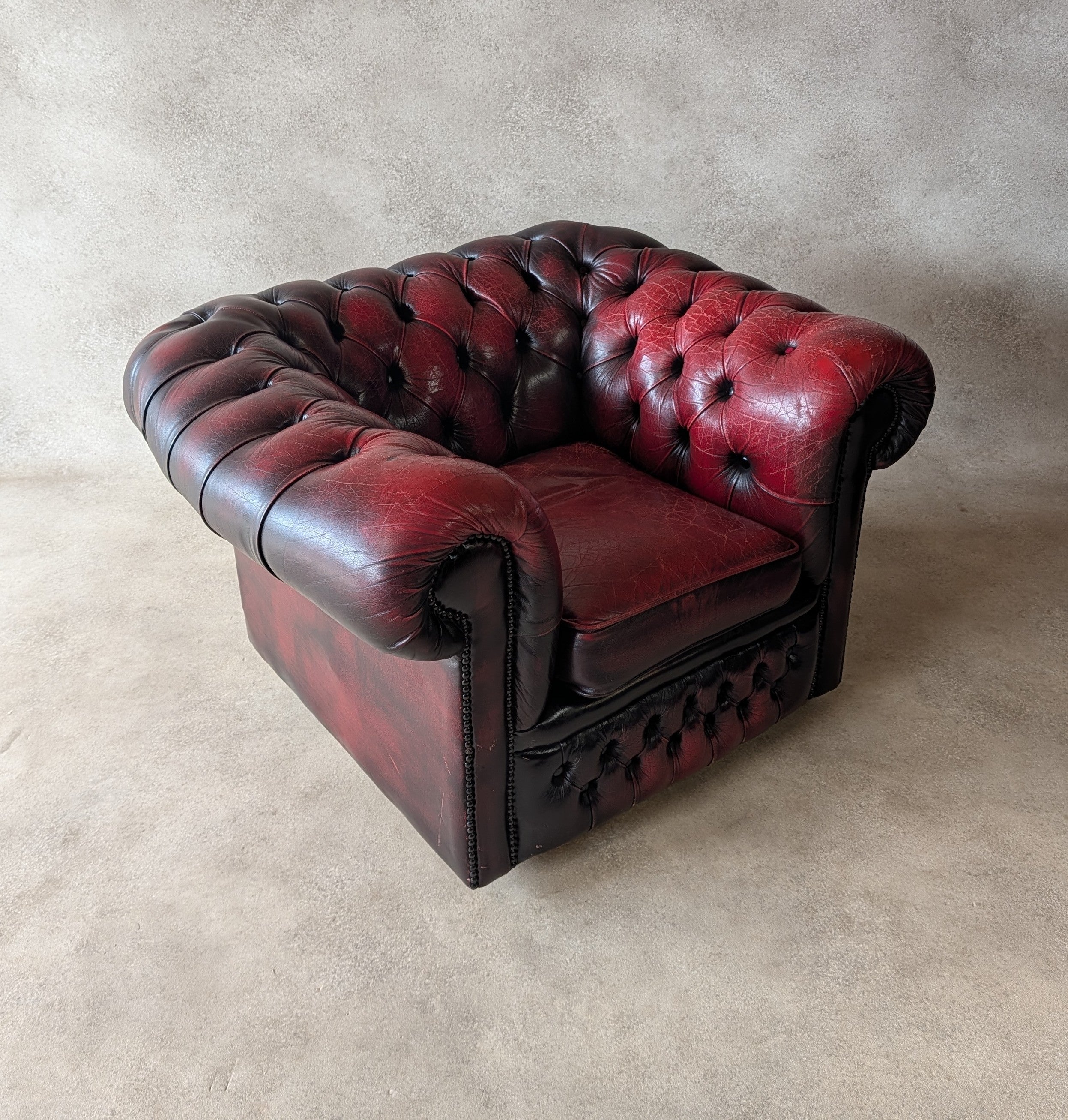 Vintage Oxblood Red Leather Club Chair Button Chesterfield Armchair