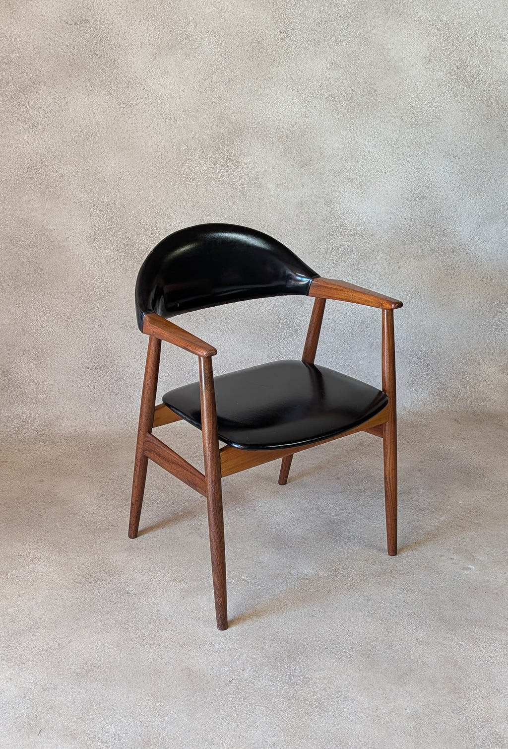 Mid Century Norwegian Teak Armchair Desk Chair Black Vinyl Vintage MCM Carver