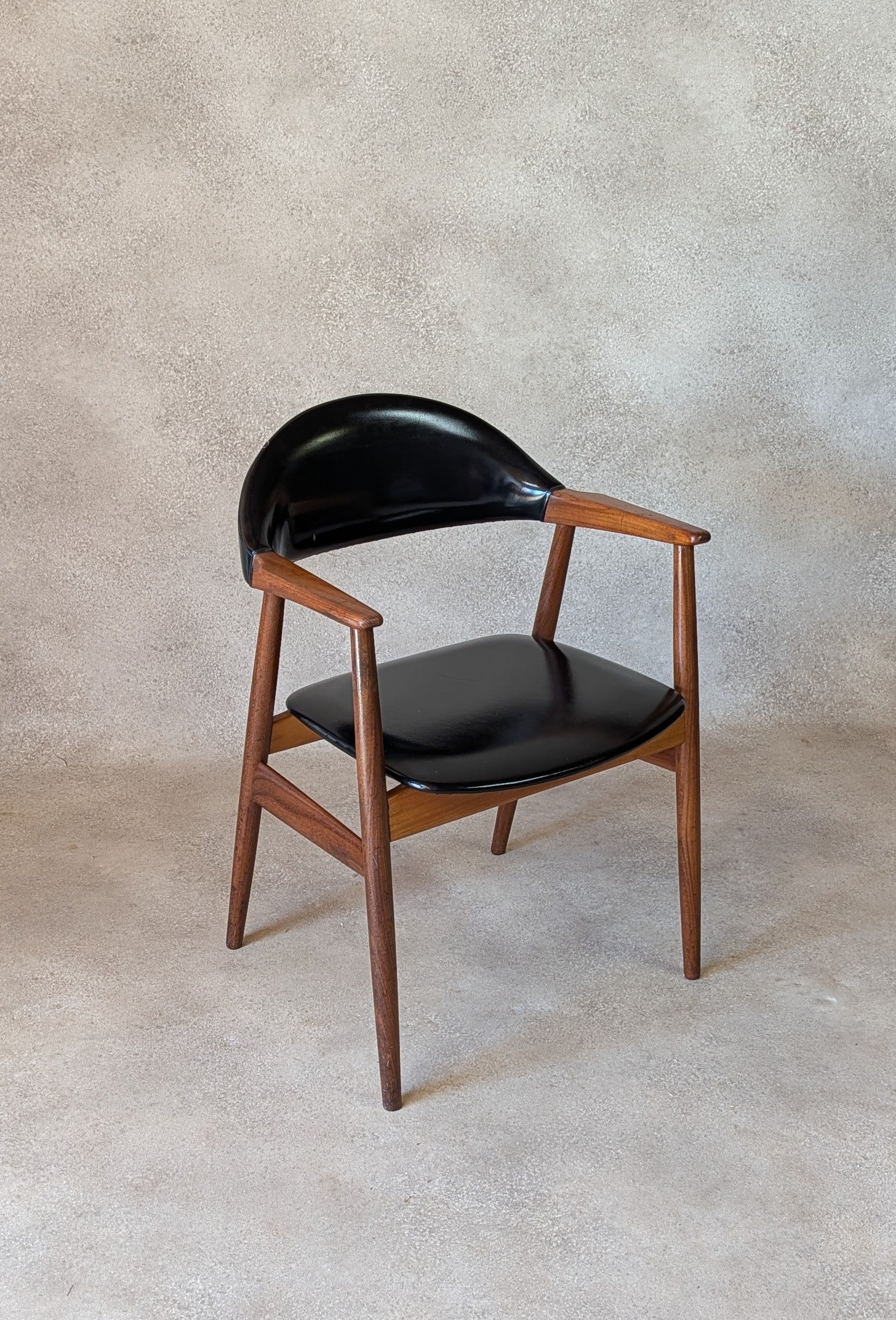Mid Century Norwegian Teak Armchair Desk Chair Black Vinyl Vintage MCM Carver