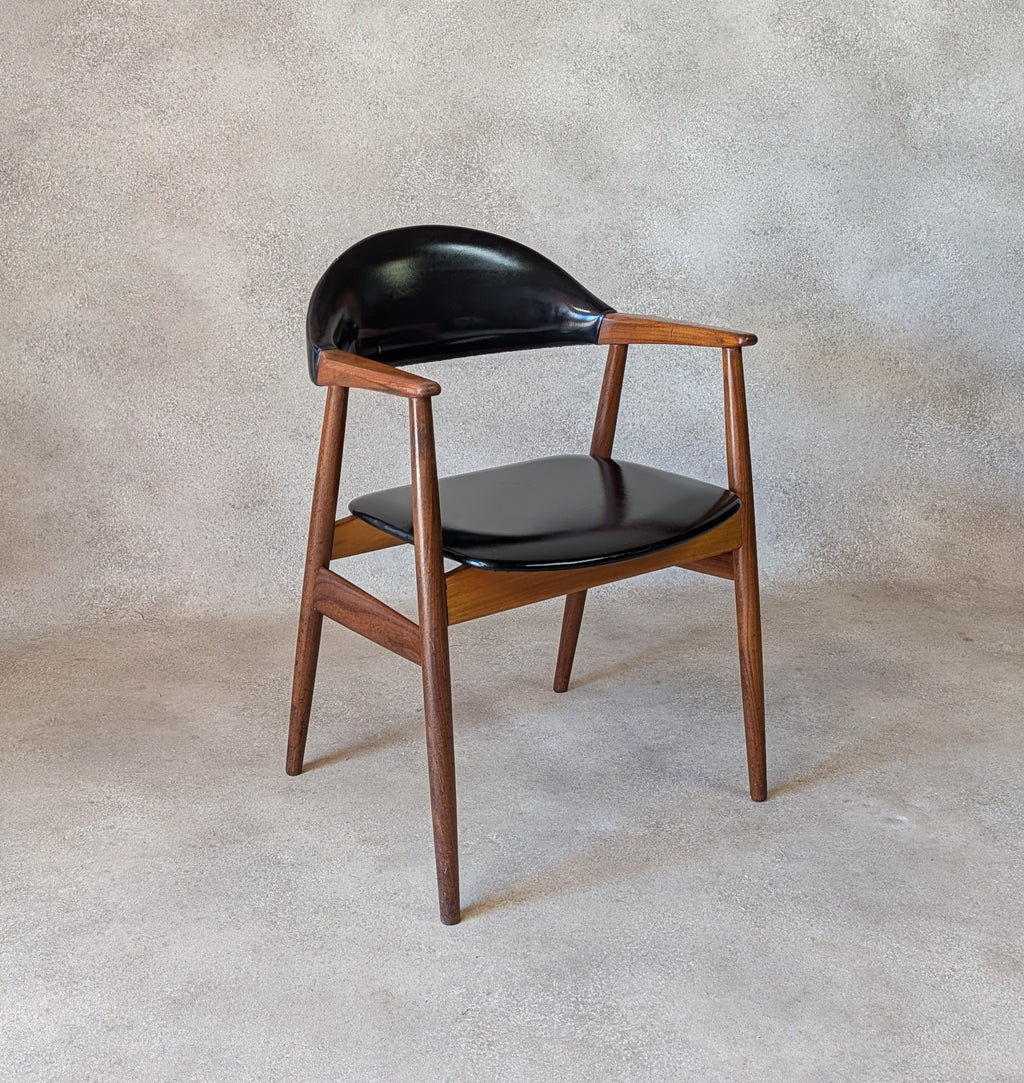 Mid Century Norwegian Teak Armchair Desk Chair Black Vinyl Vintage MCM Carver