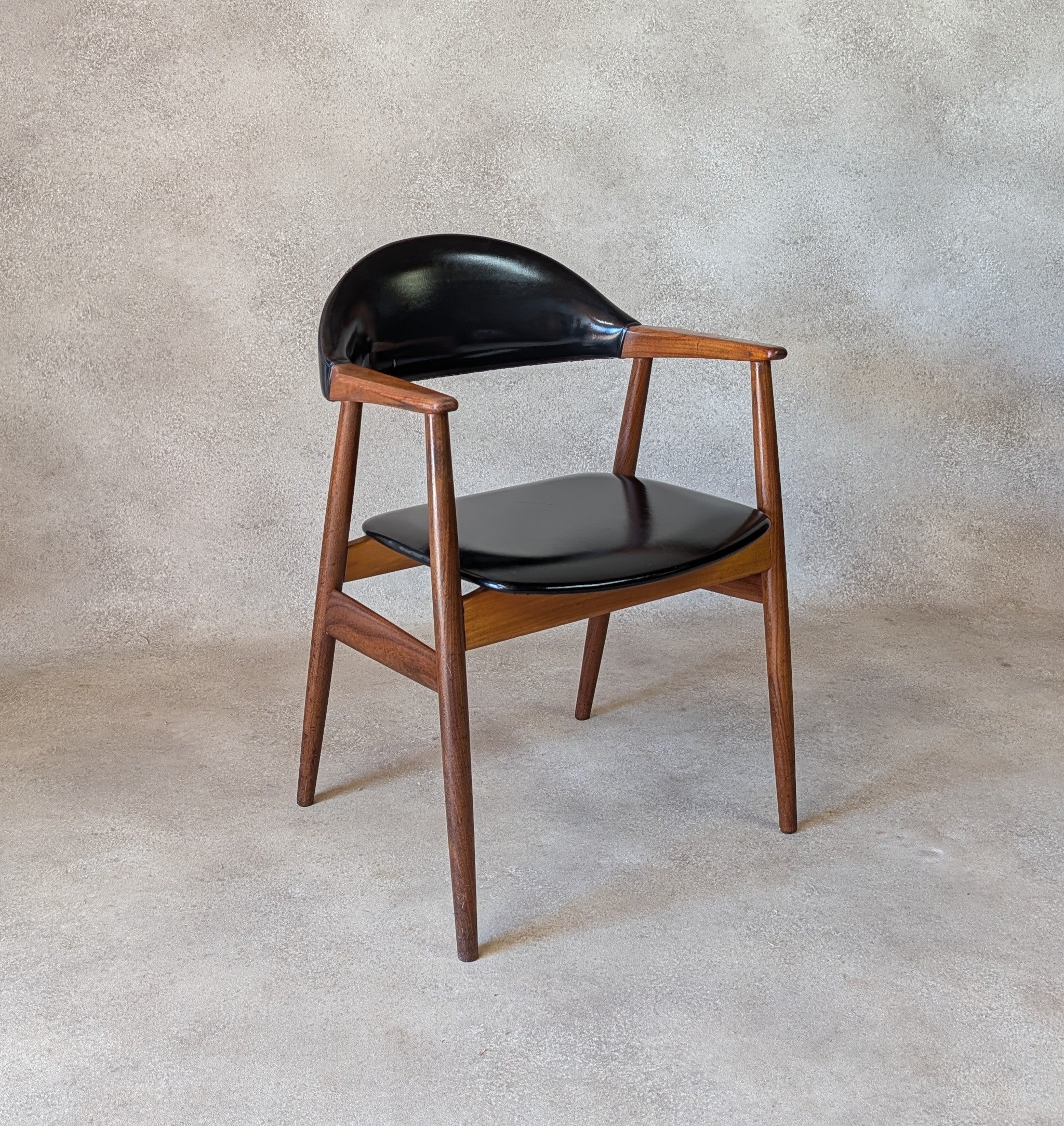 Mid Century Norwegian Teak Armchair Desk Chair Black Vinyl Vintage MCM Carver