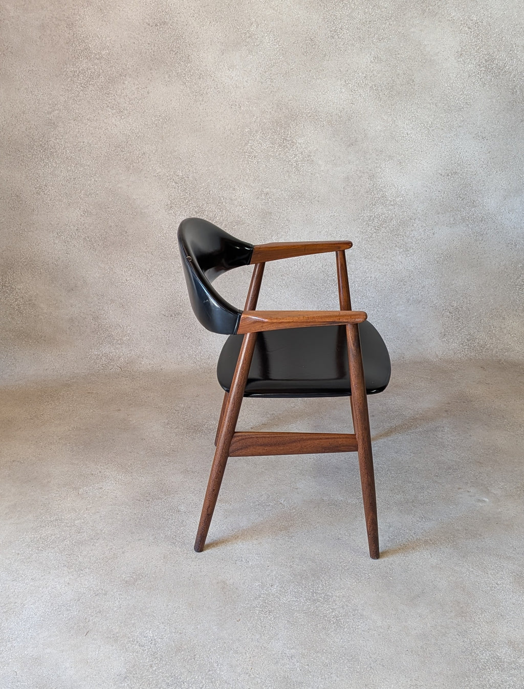Mid Century Norwegian Teak Armchair Desk Chair Black Vinyl Vintage MCM Carver