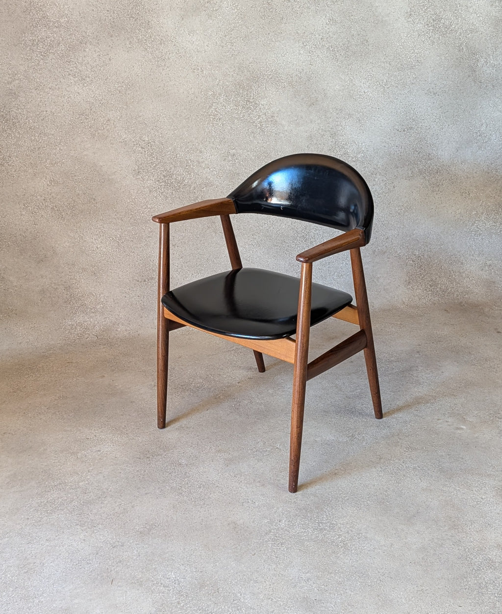 Mid Century Norwegian Teak Armchair Desk Chair Black Vinyl Vintage MCM Carver