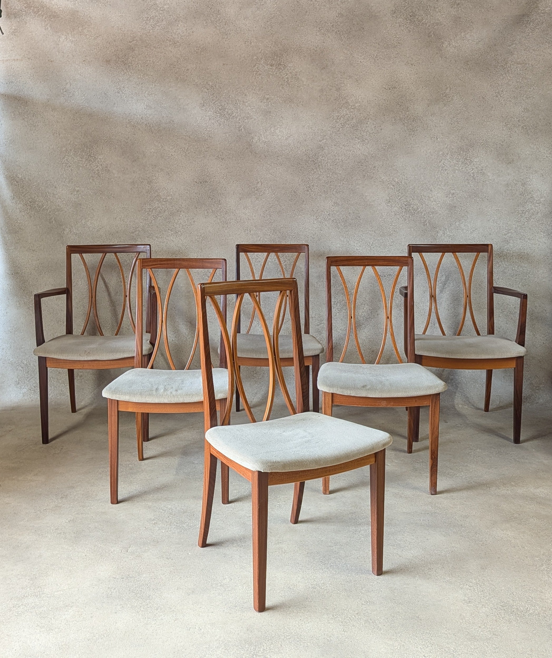 Set Of 6 Mid Century G plan Curve Back Teak Dining Chairs - Includes 2 carvers