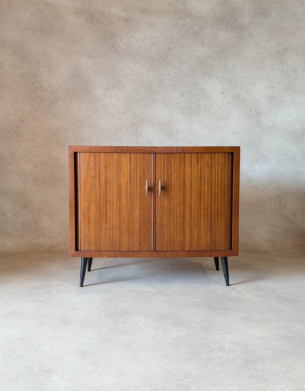 Mid Century Walnut Tambour Door Record Cabinet / LP Vinyl Storage Cupboard 1960s