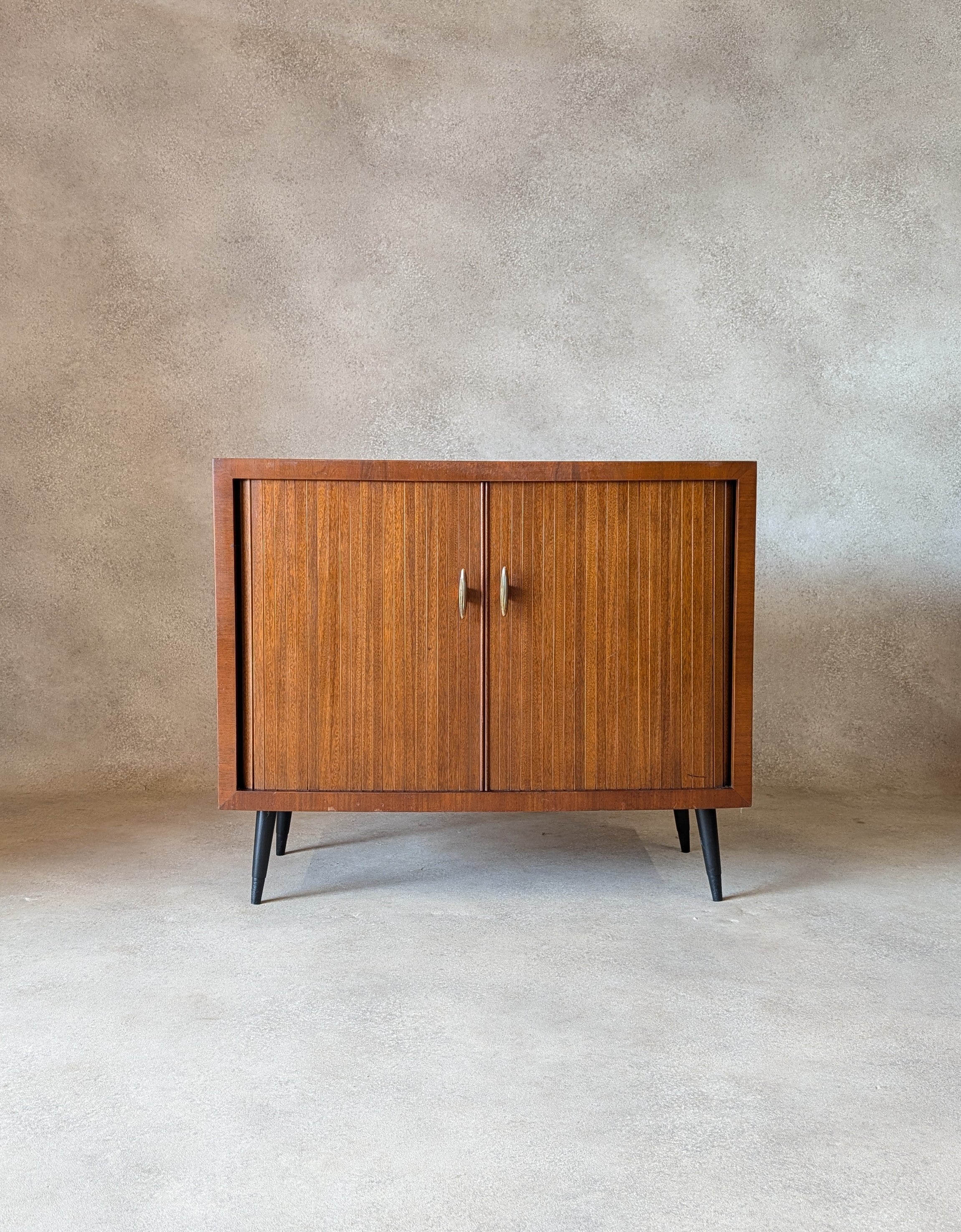 Mid Century Walnut Tambour Door Record Cabinet / LP Vinyl Storage Cupboard 1960s