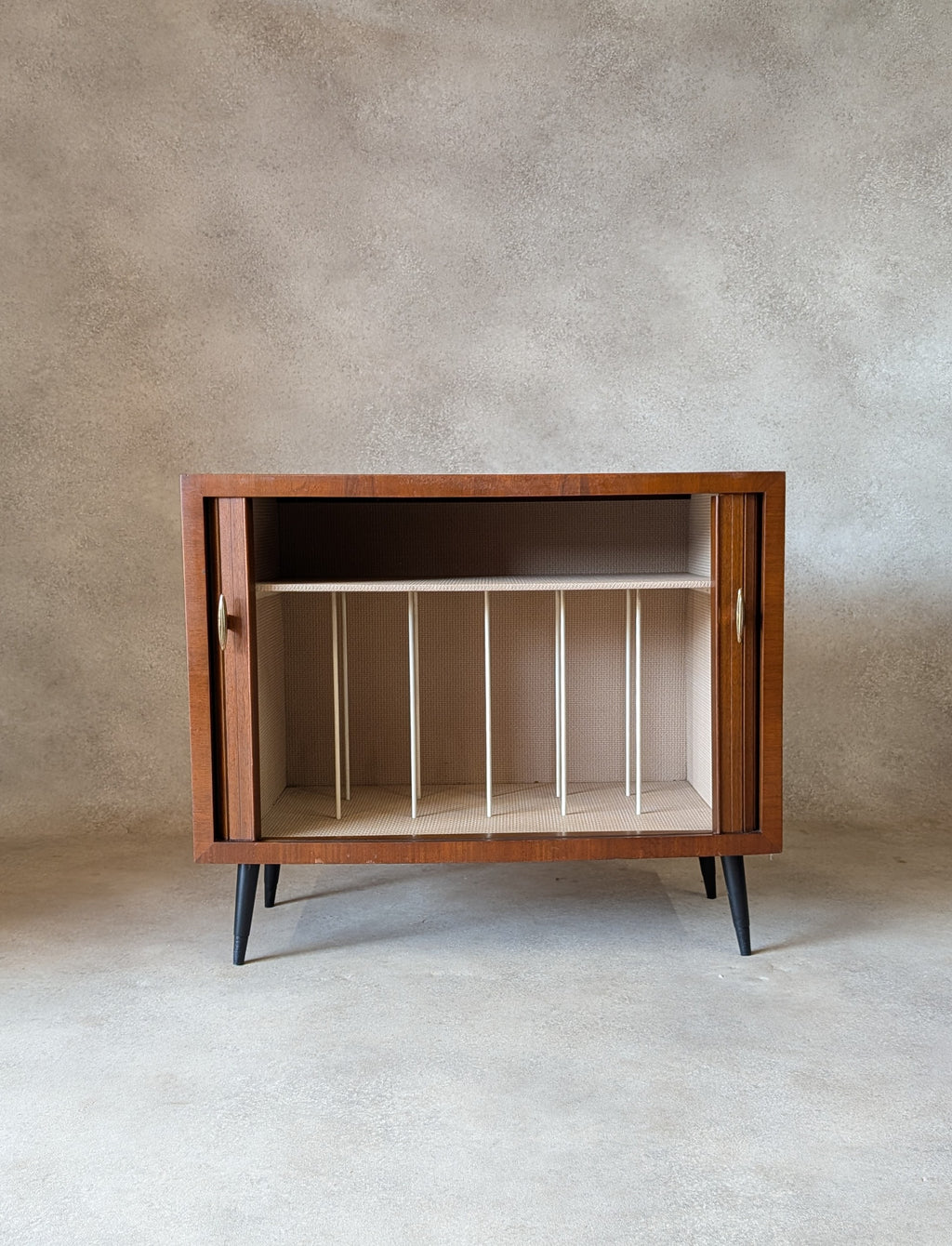 Mid Century Walnut Tambour Door Record Cabinet / LP Vinyl Storage Cupboard 1960s