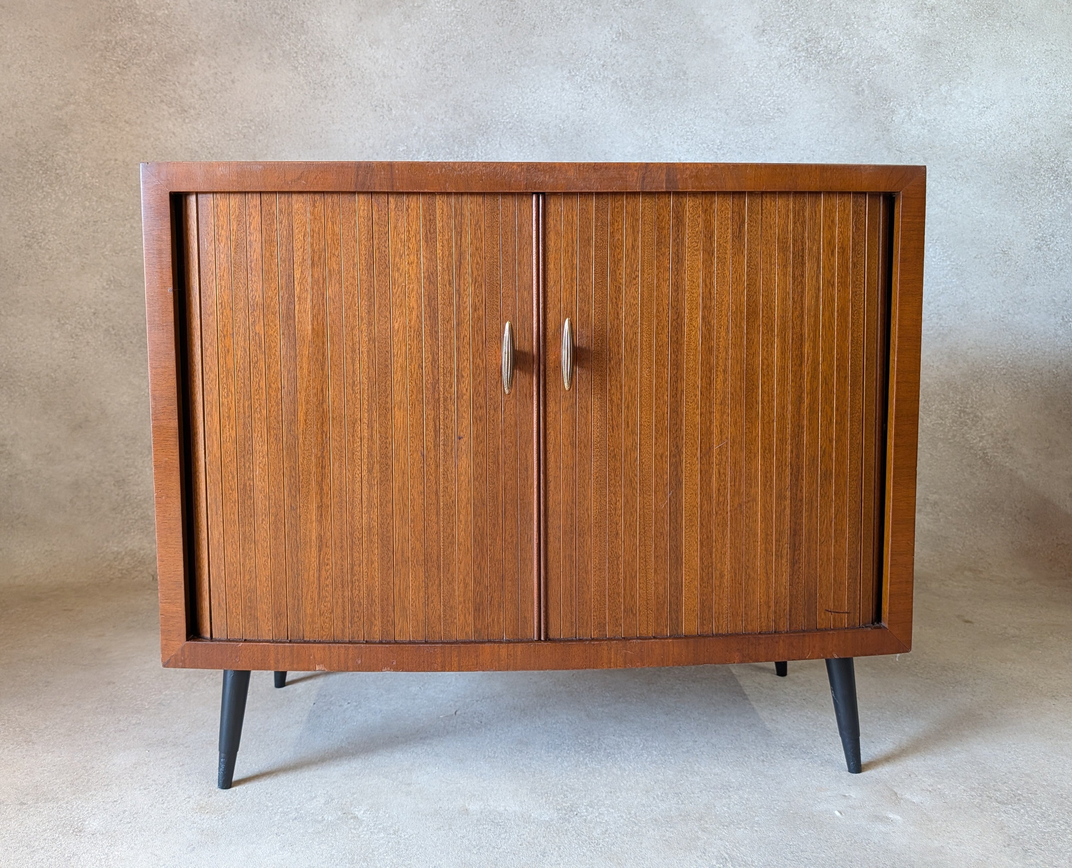 Mid Century Walnut Tambour Door Record Cabinet / LP Vinyl Storage Cupboard 1960s