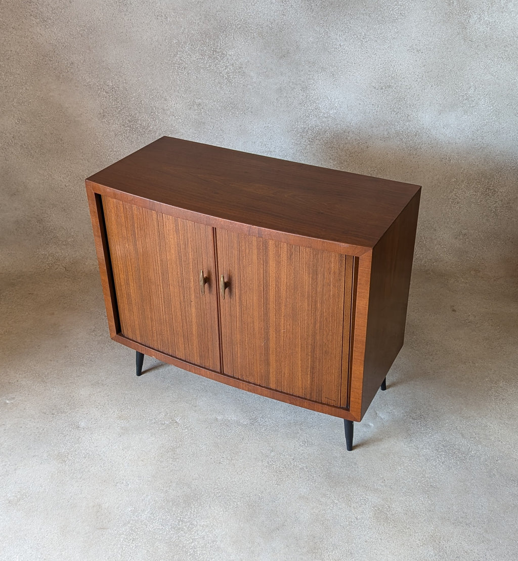 Mid Century Walnut Tambour Door Record Cabinet / LP Vinyl Storage Cupboard 1960s