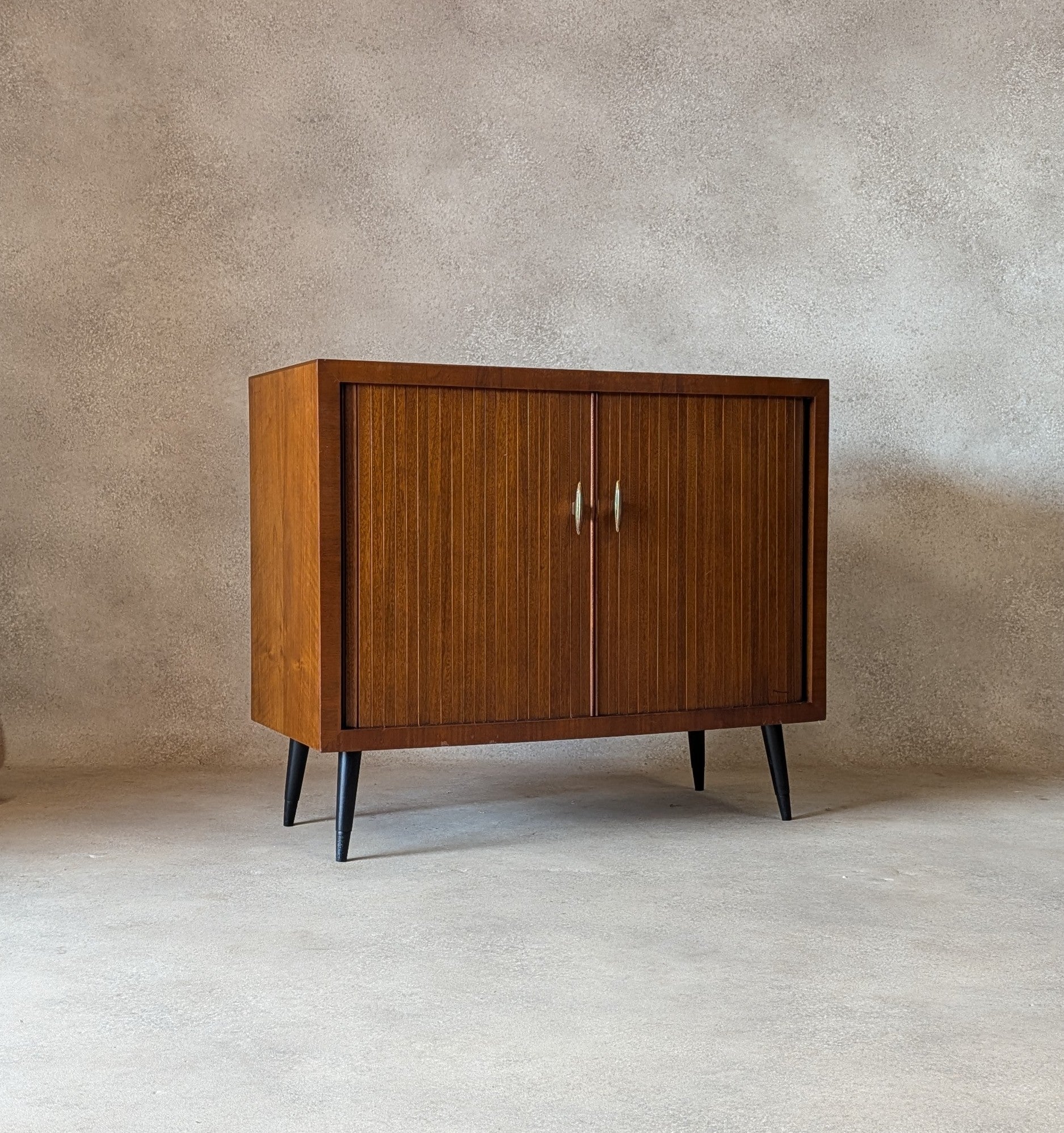 Mid Century Walnut Tambour Door Record Cabinet / LP Vinyl Storage Cupboard 1960s