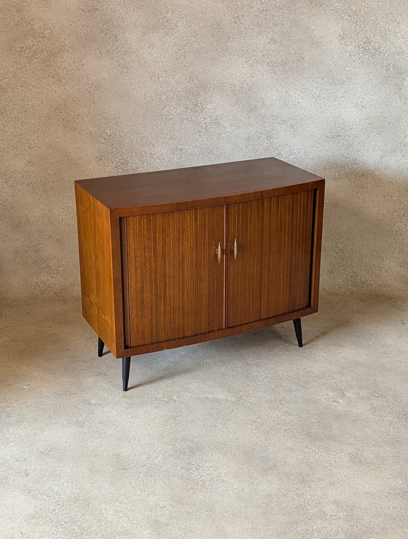 Mid Century Walnut Tambour Door Record Cabinet / LP Vinyl Storage Cupboard 1960s