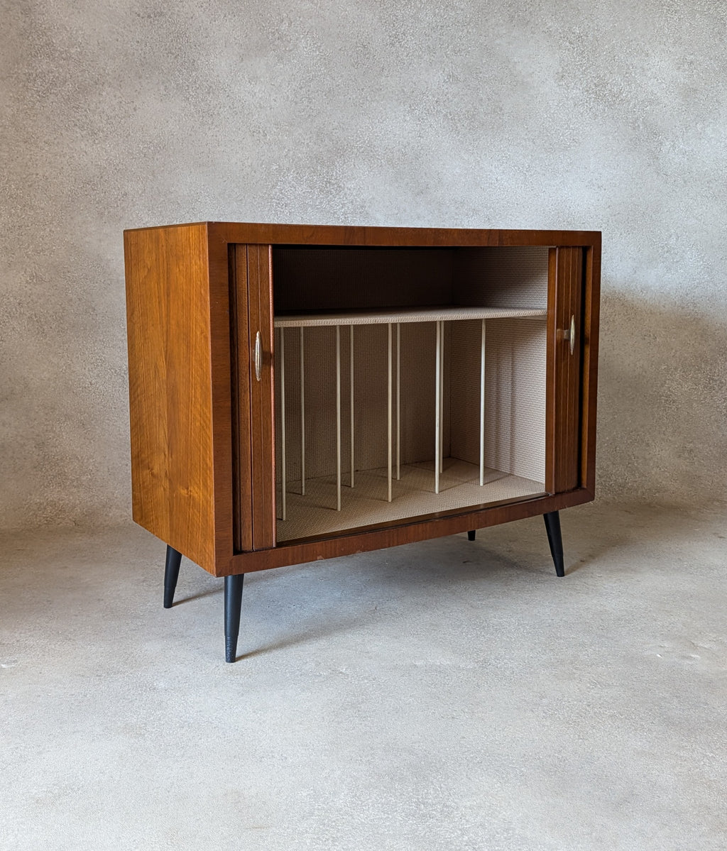 Mid Century Walnut Tambour Door Record Cabinet / LP Vinyl Storage Cupboard 1960s