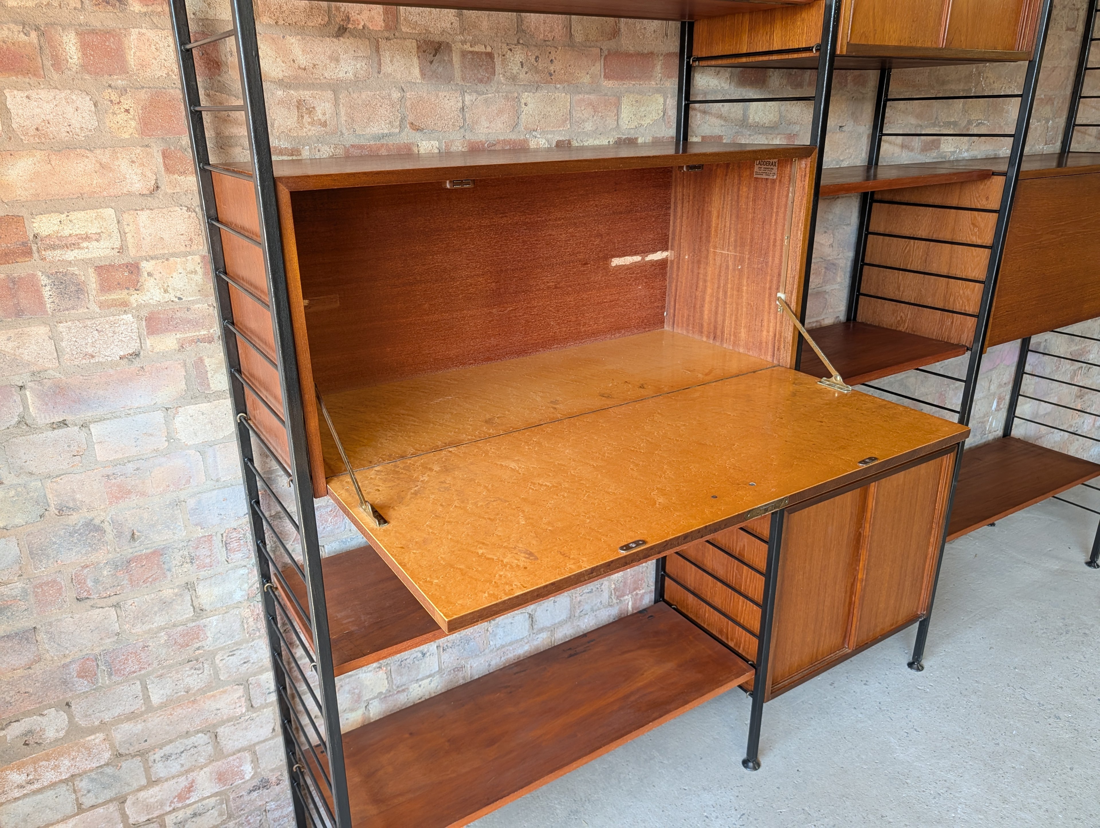 Staples Ladderax Mid Century Teak 3 Bay Modular Shelving Wall Units 1960s